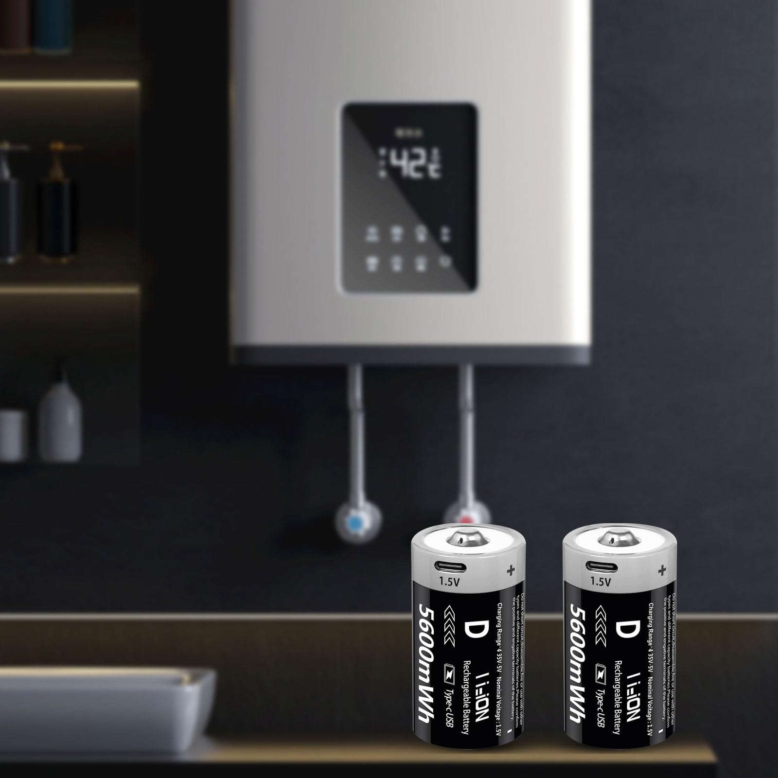 Rechargeable D Batteries 1.5V 5600mWh - 4 Pack Lithium-ion D Cell Batteries with USB-C Charger | 1000 Charge Cycles | for Flashlights, Camping Gear, Emergency Kits & Home Appliances
