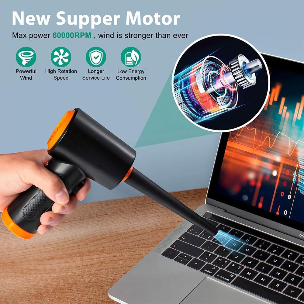 Electric Air Duster for Keyboard Cleaning - 60000 RPM Reusable Compressed Air Can Replacement with 3 Speed Settings & LED Light - Perfect for Electronics, PC, Laptop, Camera Lens and Office Equipment Maintenance