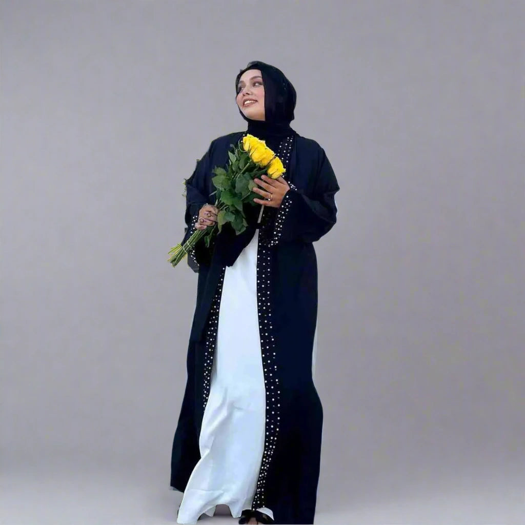 Elegant Beaded Open Abaya Dress for Women - Modest Muslim Fashion with Handcrafted Beadwork - Perfect for Eid, Weddings & Special Occasions