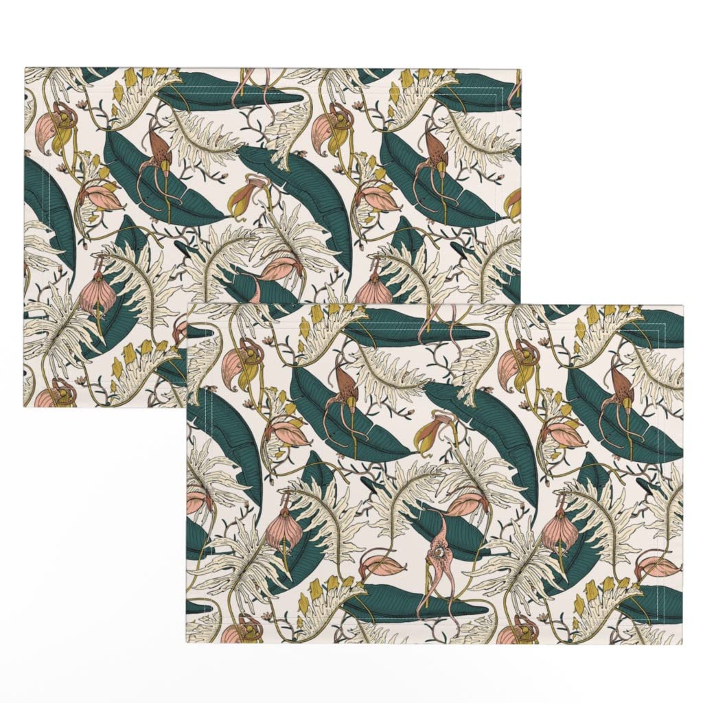 Spoonflower Linen Cotton Canvas Placemats Set of 2 - Garden Floral Botanical Leaf Tropical Print for Kitchen Dining, Outdoor Picnic & Home Decor