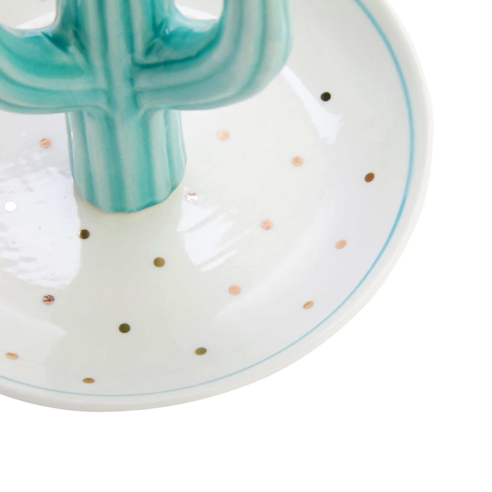 Okuna Outpost Cactus Ring Holder & Jewelry Organizer Dish - Western Home Decor, Modern Cactus Decor for Bedroom, Bathroom, or Dresser (Teal/White with Gold Foil Polka Dots, 5x4 inches) - Perfect for Organizing Rings, Earrings, and Small Jewelry