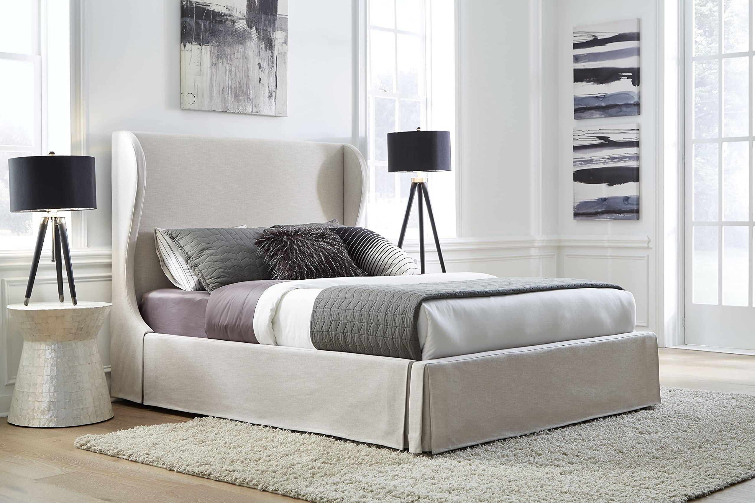 Modus Furniture Solid Wood Upholstered Panel Queen Bed Frame - Hera Collection in Oatmeal Fabric | Modern Bedroom Furniture for Master Bedroom & Guest Room