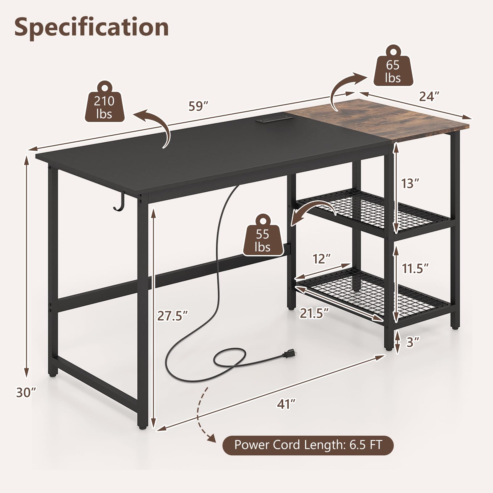 Tangkula 59 Inch Modern Industrial Computer Desk with Charging Station, 2-Tier Storage Shelves & Hook, Sturdy Metal Frame PC Laptop Workstation for Home Office, Study, and Gaming Setup