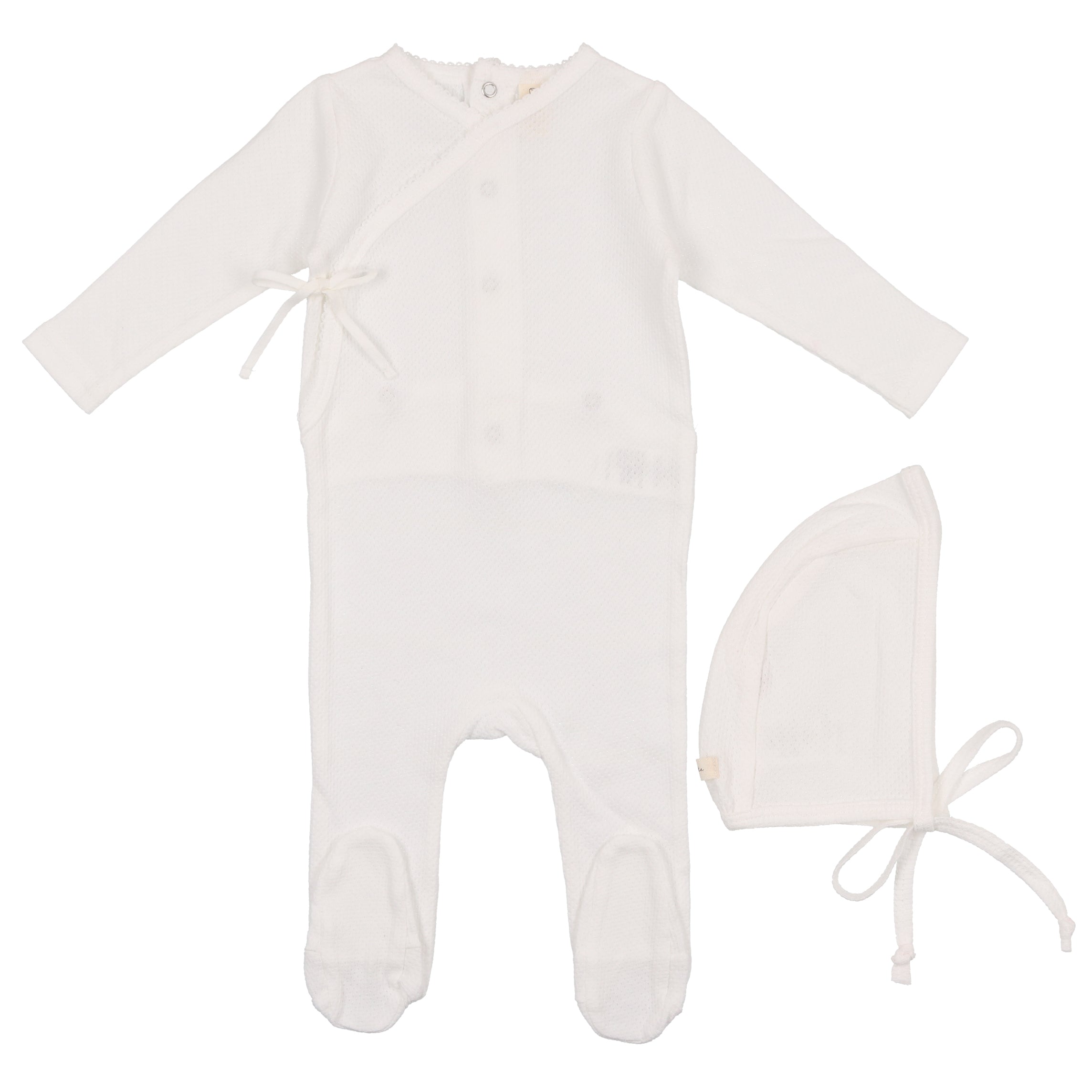 Lilette Winter White Pointelle Wrapover Stretchie and Bonnet Set for Baby Girls - Soft Knit Outfit for Newborn Photography & Cozy Winter Outings