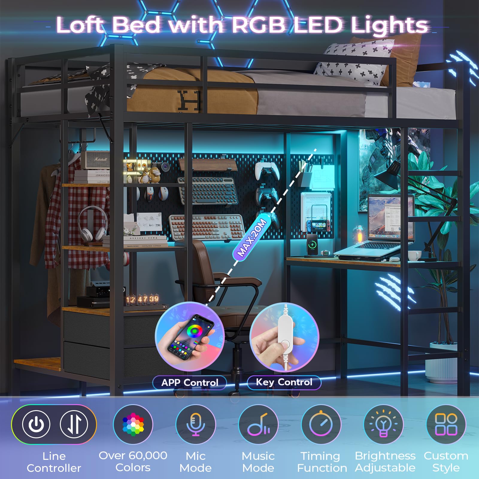 **Twin Size Loft Bed with Desk & LED Lights - Metal Loft Bed with Charging Station, Storage Shelves & Drawers - Junior Bed with Clothes Rail, Safety Guard & Ladder - No Box Spring Needed - Black - Perfect for Kids' Rooms, Small Apartments & Dormitories**
