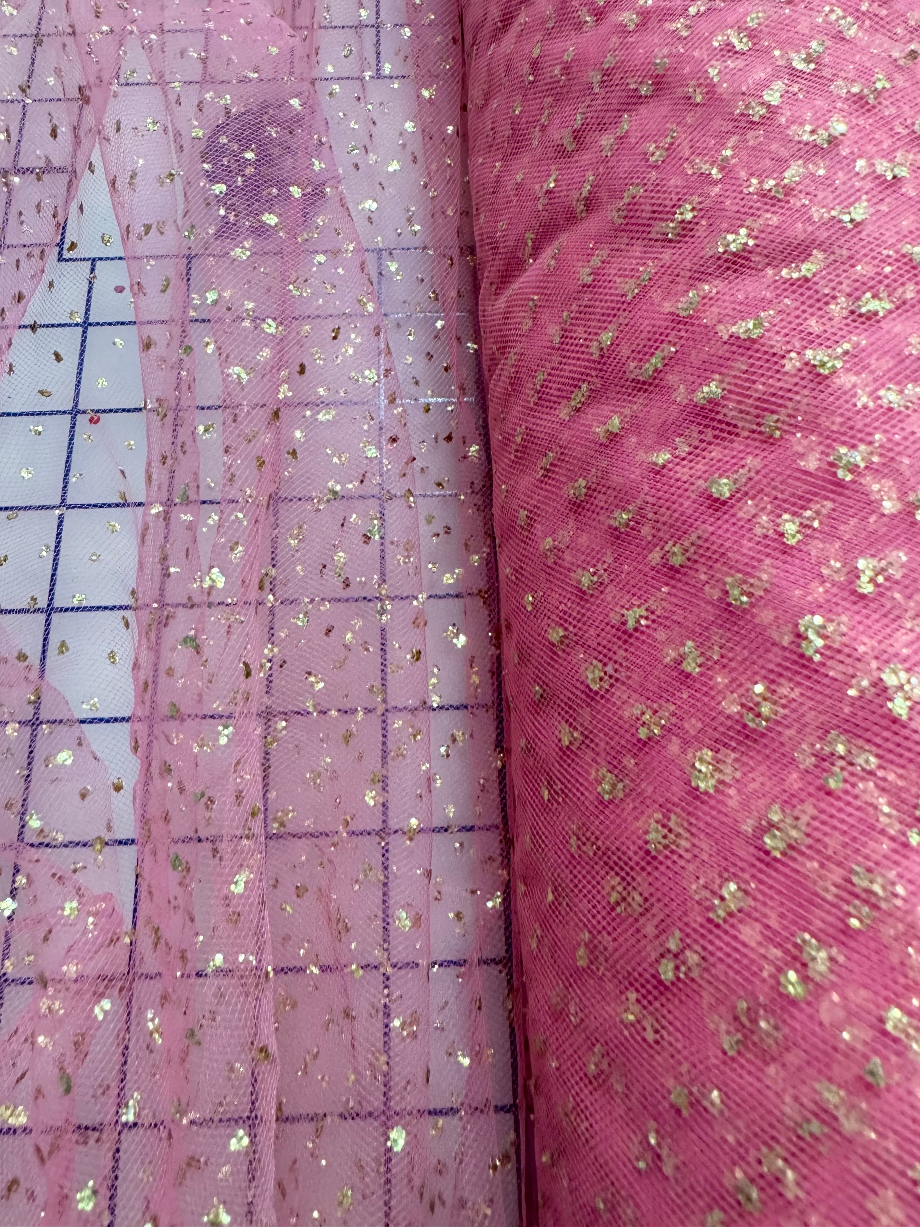 Premium Sparkle Tulle Fabric - 54 Inches Wide in American Beauty & Gold Colors for Wedding Decorations, Party Backdrops, and DIY Costume Designs