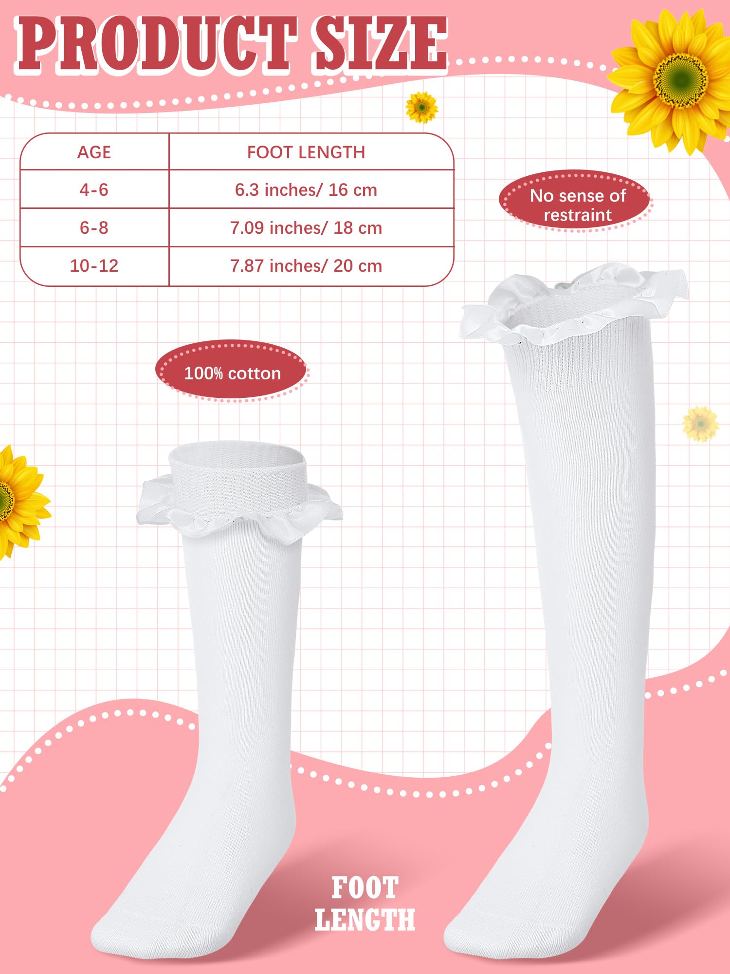 6 Pairs White Ruffle Socks for Girls - Frilly Cotton School Uniform Knee High Socks for Toddlers - Perfect for School, Dress Up & Special Occasions