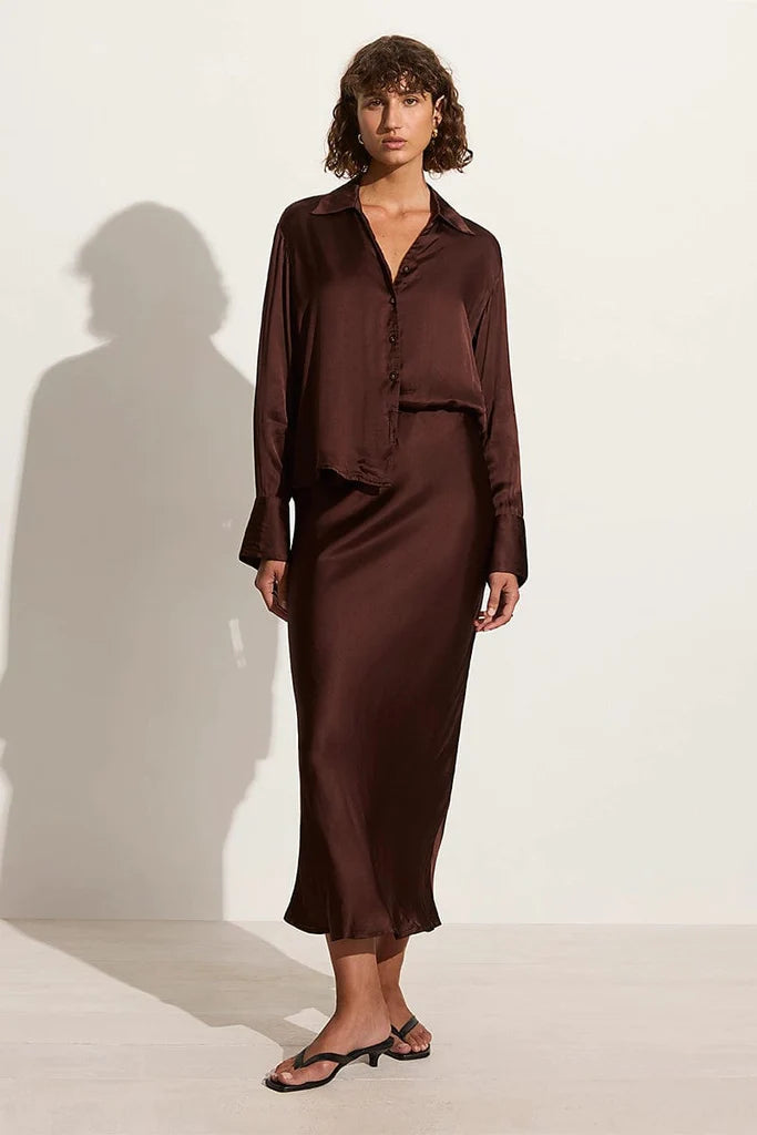 Ancora Women's Dark Truffle Midi Skirt - Elegant A-Line Flowy Skirt for Work, Office & Casual Wear