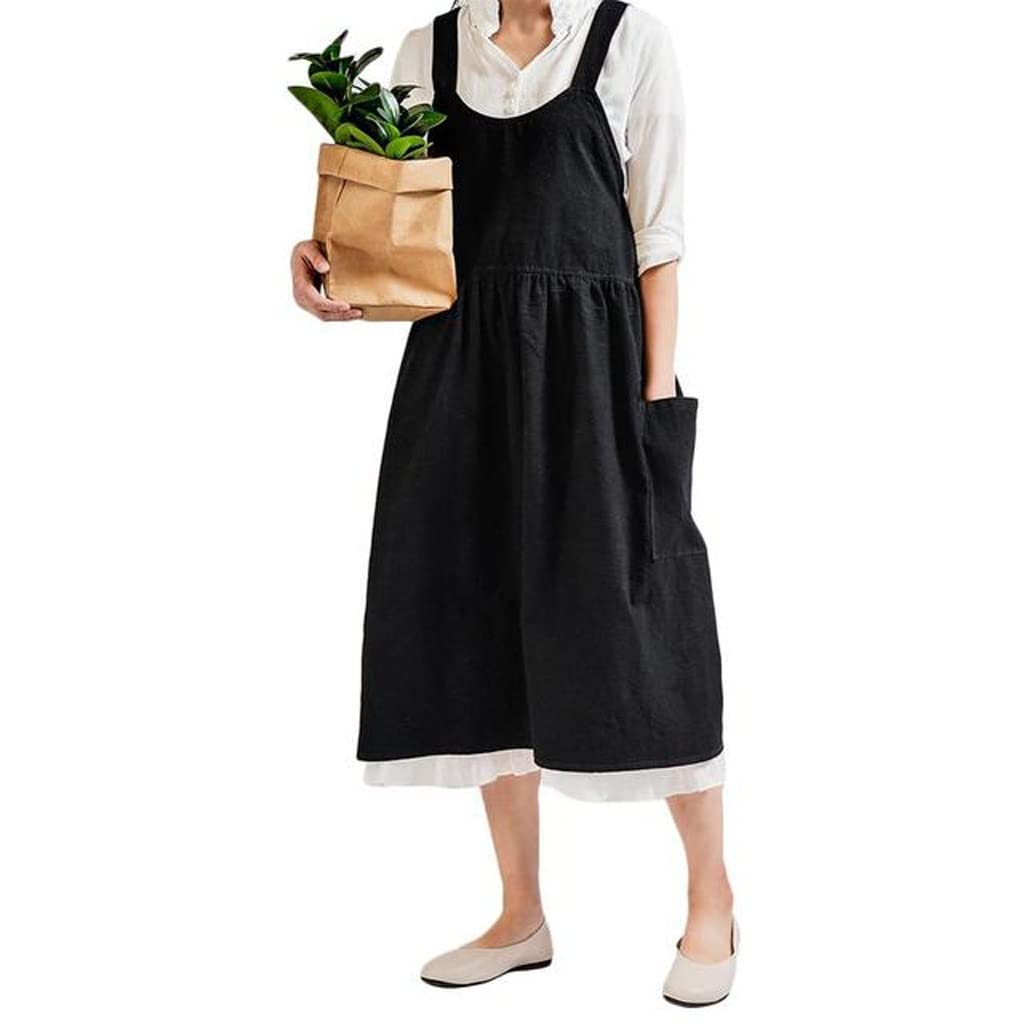 PDGJG Women's Cross Back Apron - Cotton Linen Kitchen Baking Cooking Cleaning Apron for Housework, Florist, Literary Art - Adjustable One Size (Color B) - Perfect for Baking, Gardening & Crafting