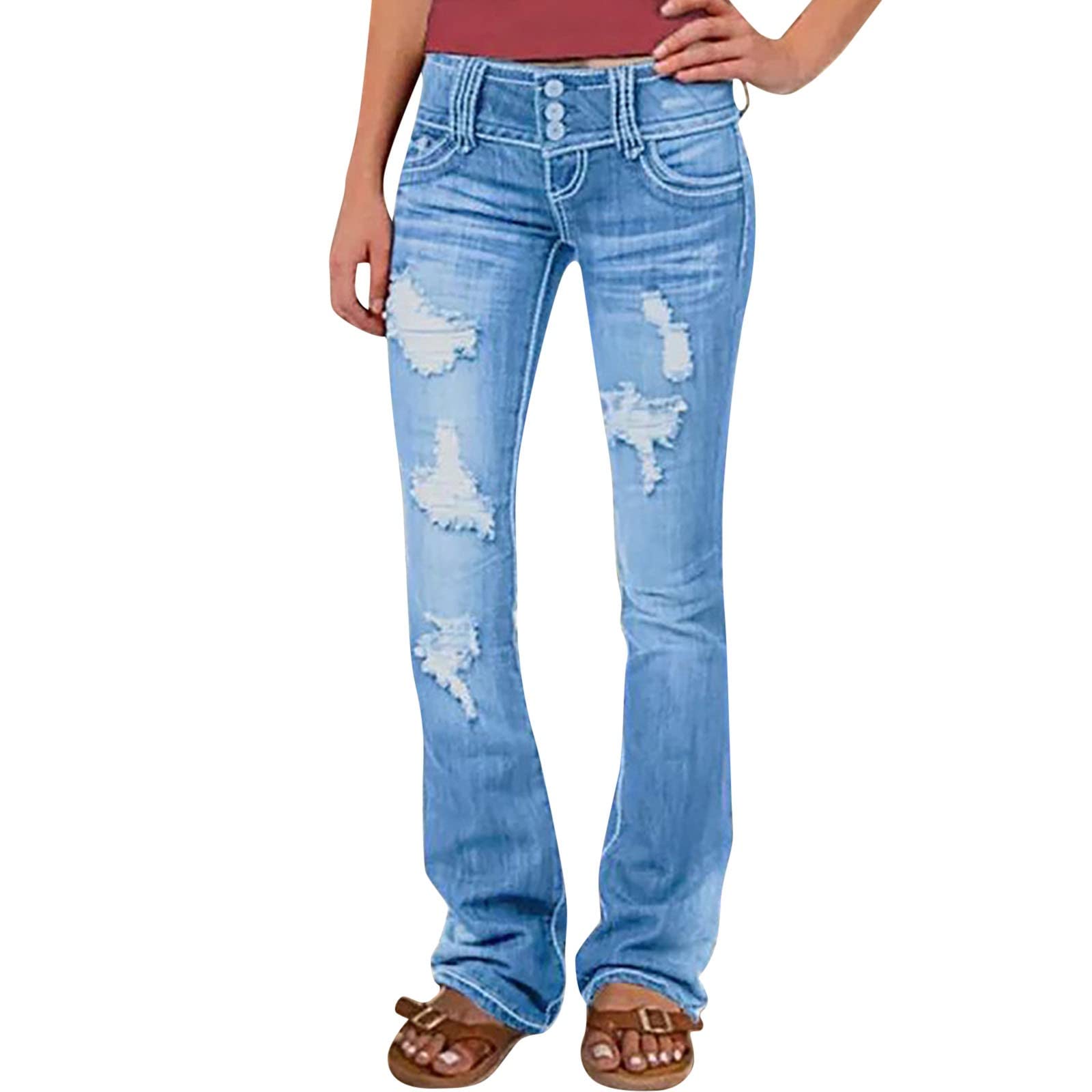 Women's Low Rise Vintage Distressed Button Fly Bootcut Jeans - Retro Denim Pants for Casual Wear & Night Out