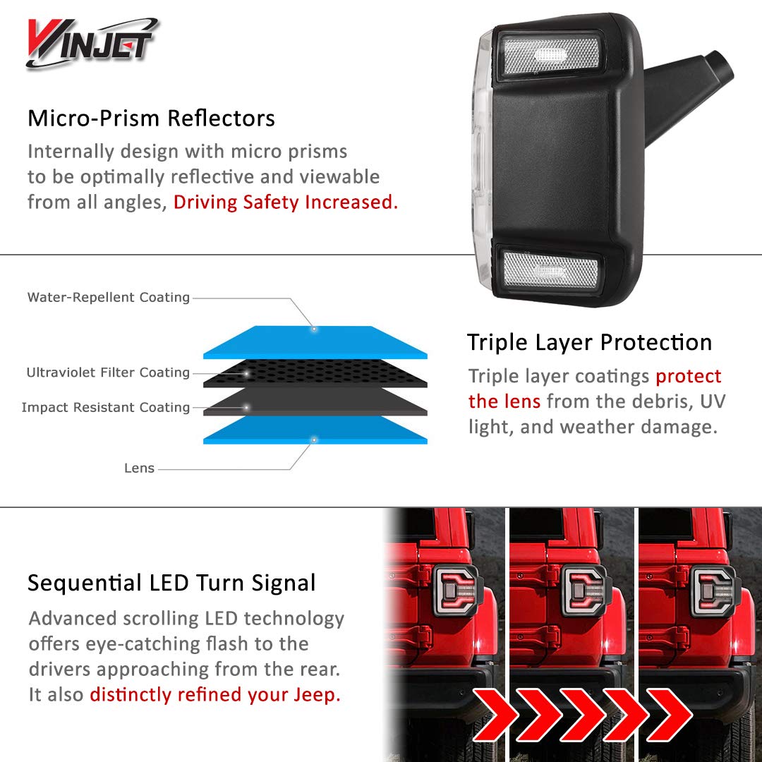 Winjet LED Sequential Tail Lights - Compatible with 2018-2025 Jeep Wrangler JL & 2021-2025 Wrangler 4XE Plug-in (Black Clear) - Waterproof Off-Road Lighting for Jeep Upgrades & Night Driving Safety