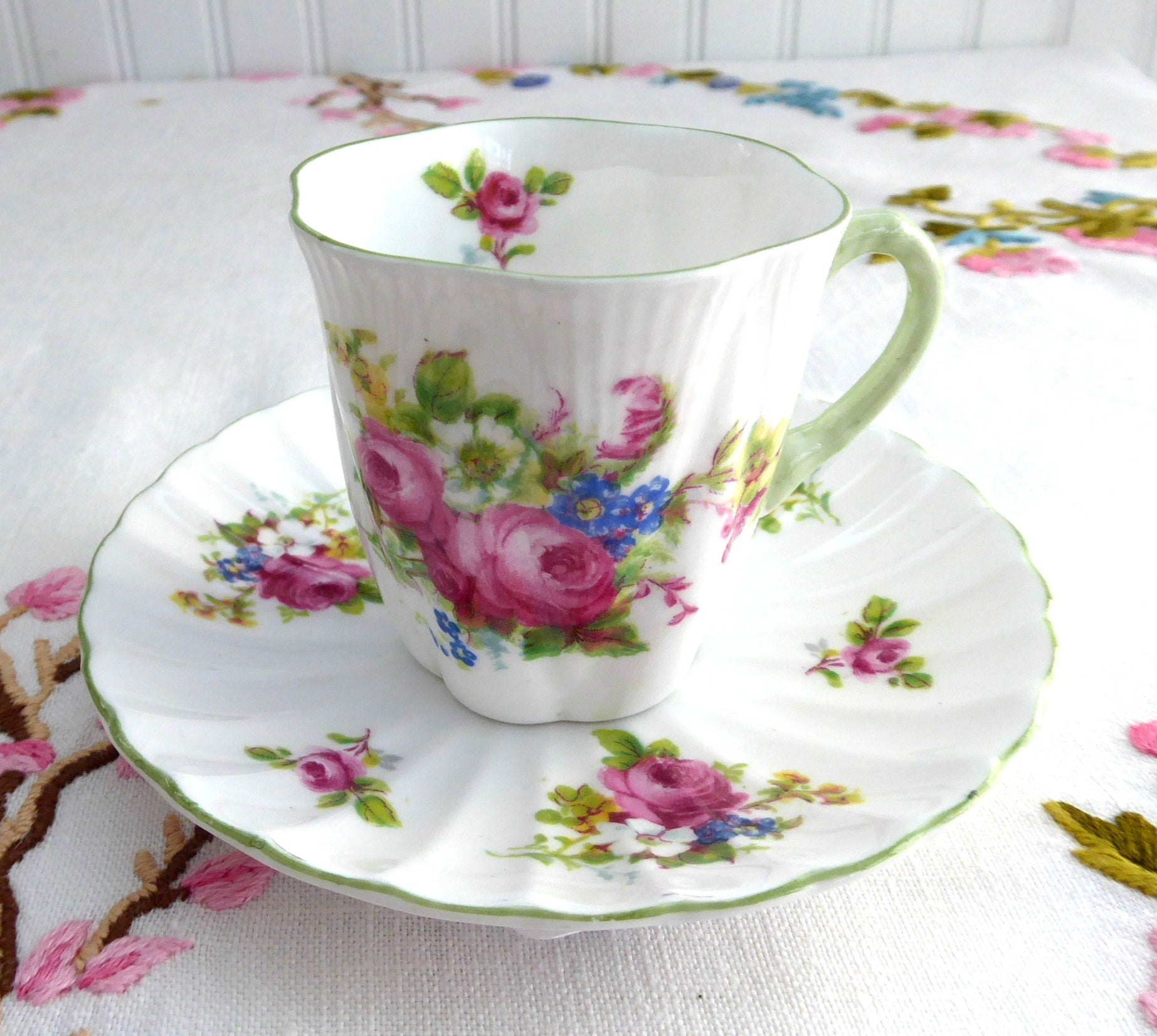Elegant Shelley Tall Demitasse Cup and Saucer Set with Ludlow Floral Bouquet Design - Perfect for Afternoon Tea, Bridal Showers & Vintage Collections
