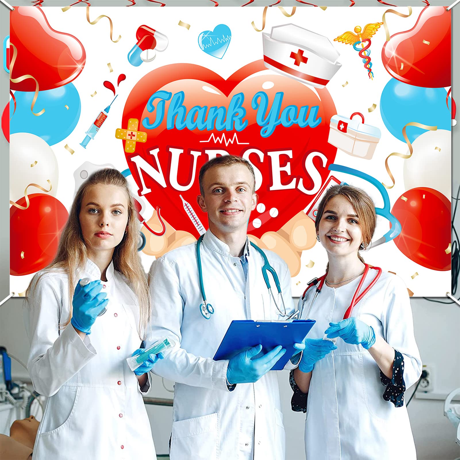 2024 Nurse Appreciation Week Banner Decorations - Thank You Nurses Backdrop for Nursing Day Party, National Nurses Week & RN Graduation - Medical Doctor Celebration Decor for Hospitals, Clinics & Healthcare Events