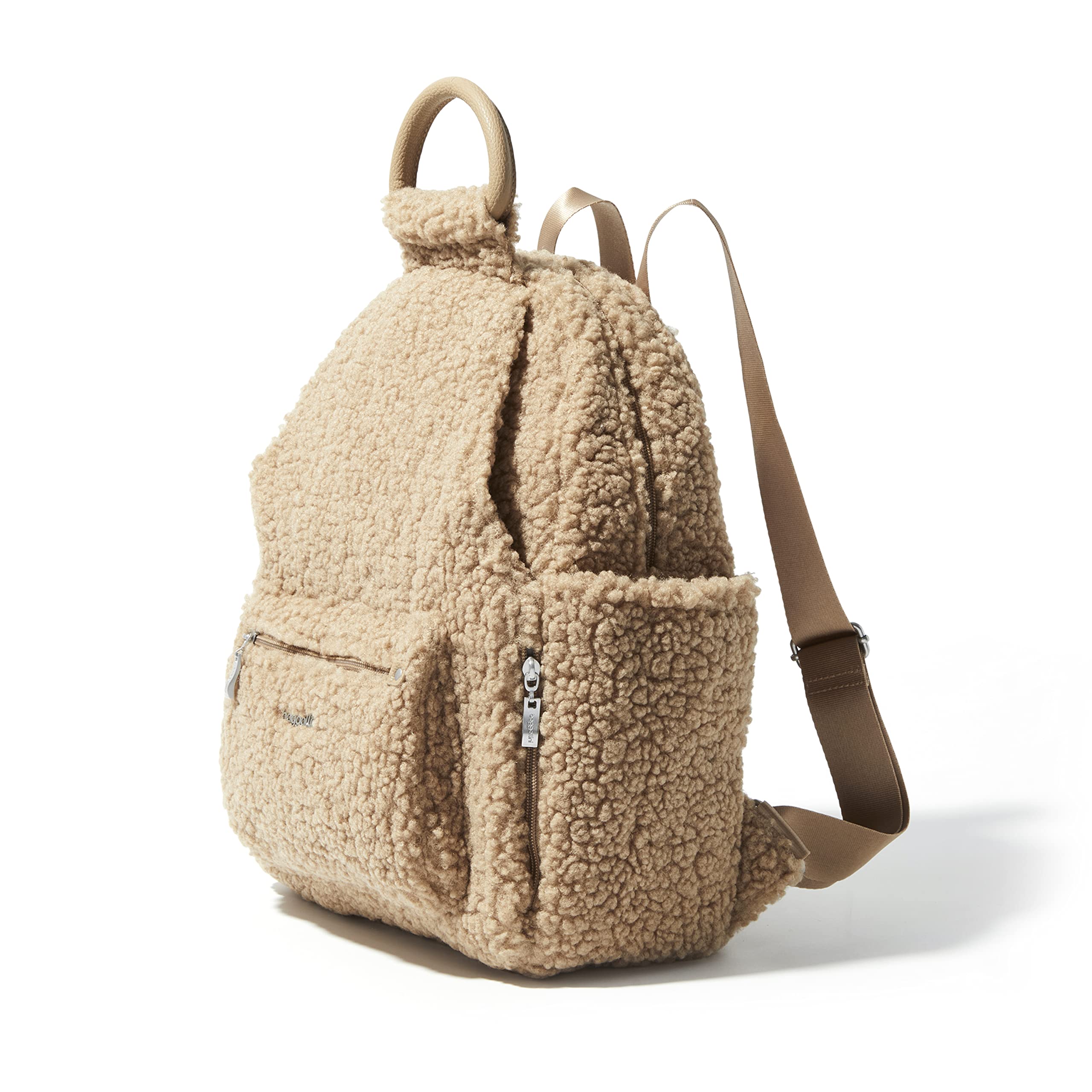 Baggallini Women's RFID Anti-Theft Backpack with Phone Wristlet - Lightweight Travel Backpack for Work, School & Commuting - Taupe Faux Shearling Daypack for Laptops & Essentials