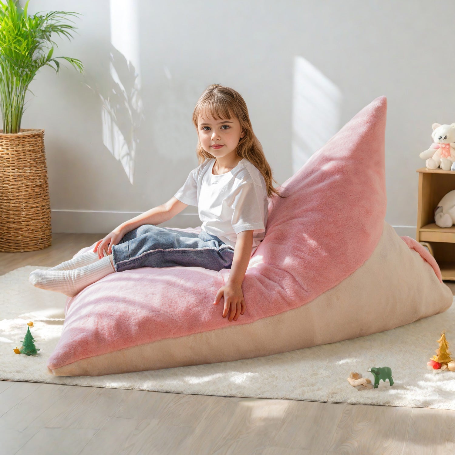 MAXYOYO Kids Bean Bag Chair - 2 Tone Handle Design, High Density Foam Floor Lounger for Boys & Girls, Pink & White - Perfect for Bedroom, Playroom & Reading Nook