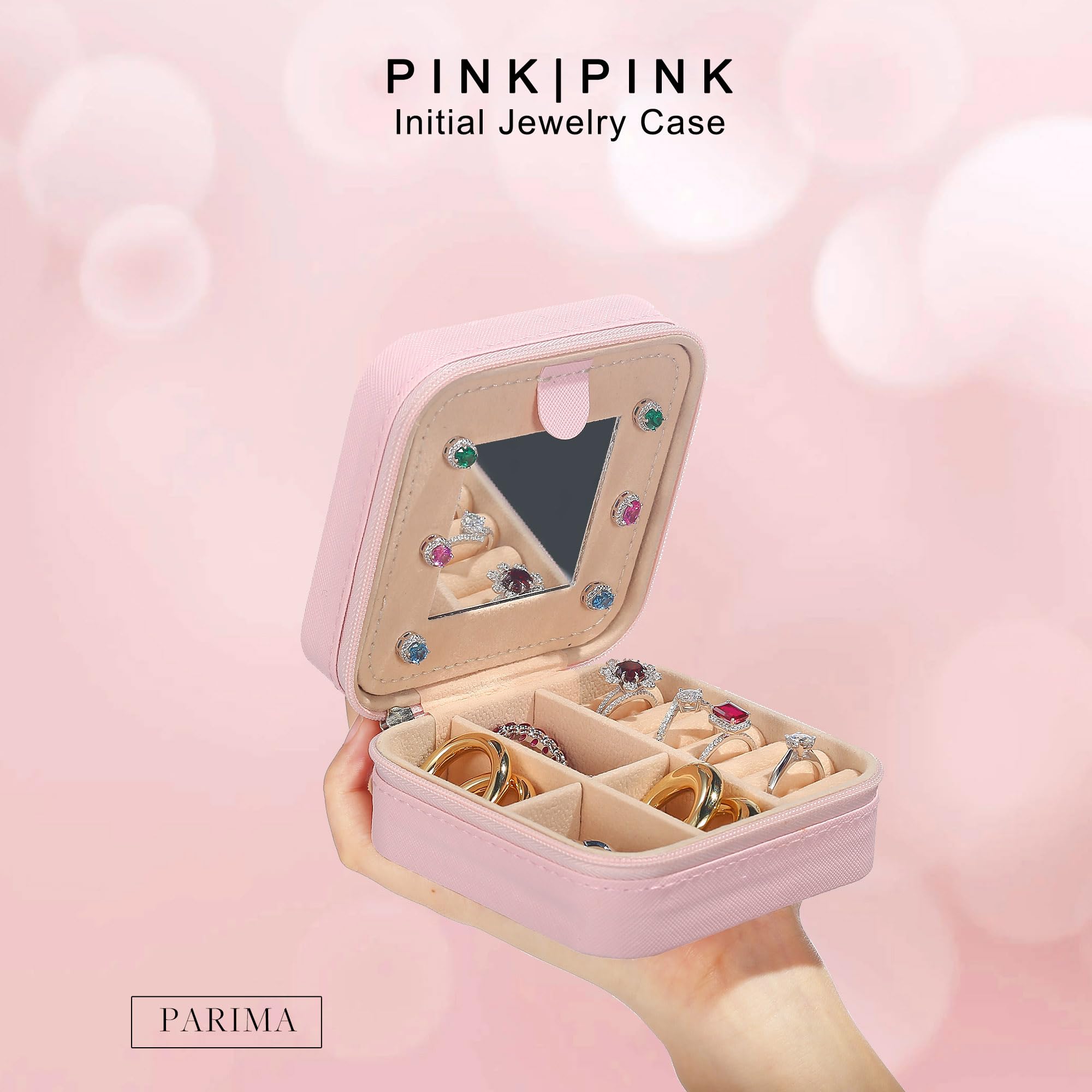 Parima Small Jewelry Box for Girls - Personalized Initial Jewelry Organizer (Letter I) | Pink Travel Jewelry Case for Necklaces, Rings & Earrings | Perfect for Gifts, Travel & Home Storage
