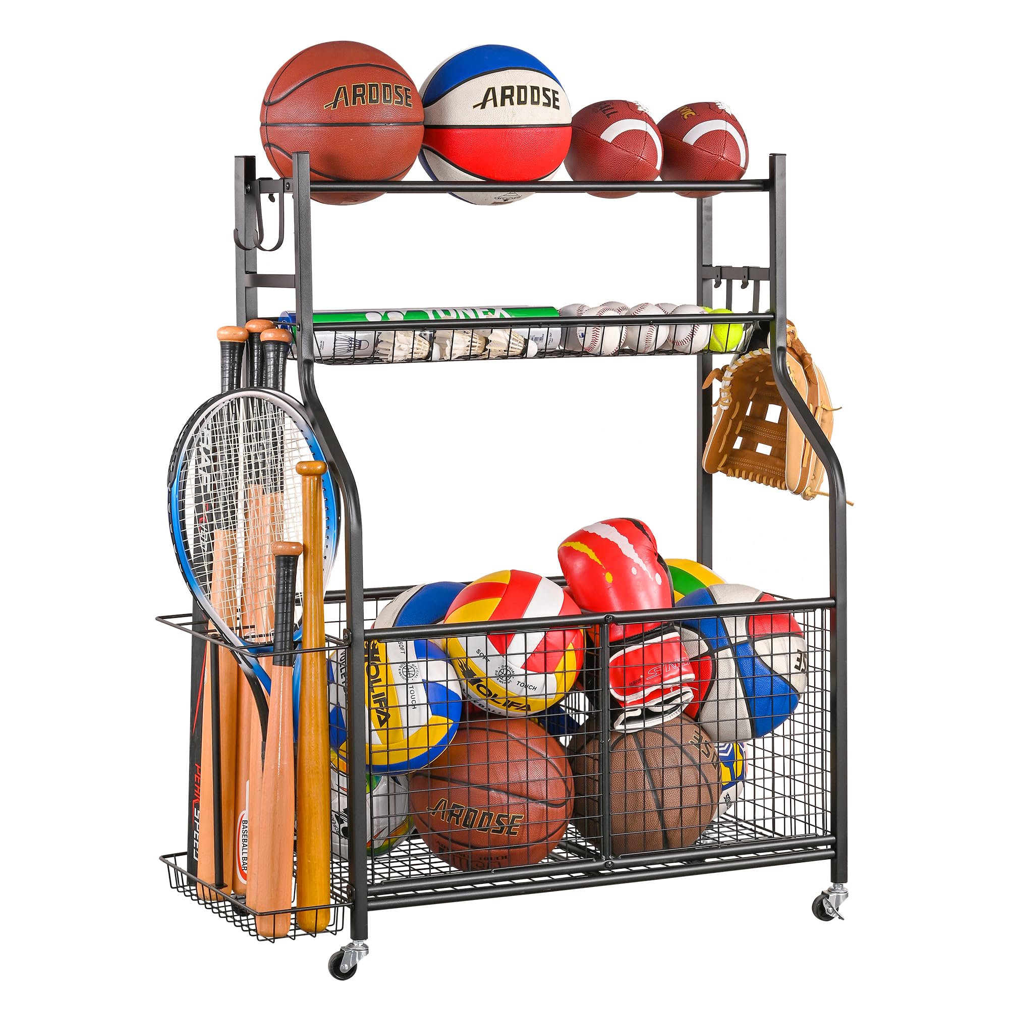 Mythinglogic Sports Equipment Garage Organizer - Rolling Ball Cart with Wheels for Basketball, Soccer, Football Storage | Indoor & Outdoor Sports Gear & Toy Organizer for Garage, Basement, Backyard, Playroom