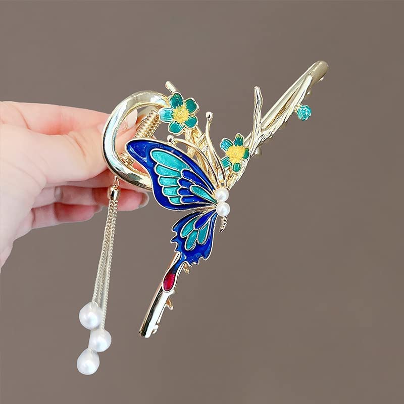 Butterfly Hair Clips for Women - Non-Slip Strong Metal Hair Claw Clips with Sparkly Butterfly Design - Cute Big Hair Accessories for Ponytails, Buns & Updos - Perfect Headwear Gift (Queen Blue)