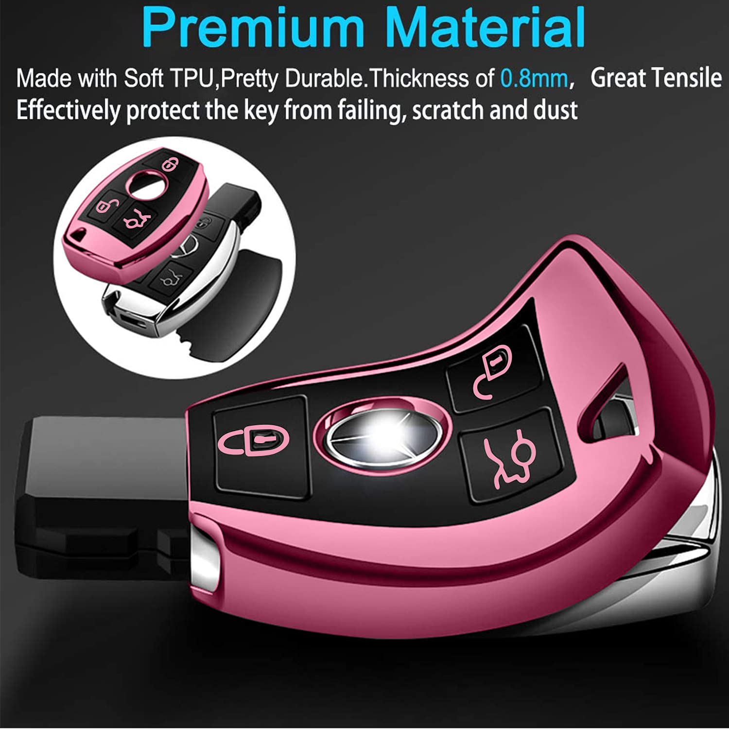 Premium TPU Key Fob Cover for Mercedes-Benz C/E/G/S/GL/CLS/CLK/G Class - Soft Protective Case Compatible with Smart Keyless Entry Remote (Pink) | Durable Protection Against Scratches & Drops for Everyday Use