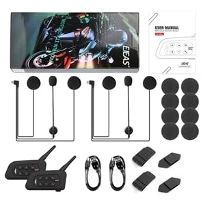 EJEAS V4Plus Bluetooth Motorcycle Headset - 4-Way Intercom Communication System, Waterproof 1500m Wireless Motorbike Interphone with Voice Assistant, Noise Cancellation & FM Radio (2 Pack) - Perfect for Group Rides, Touring & Adventure Motorcycling