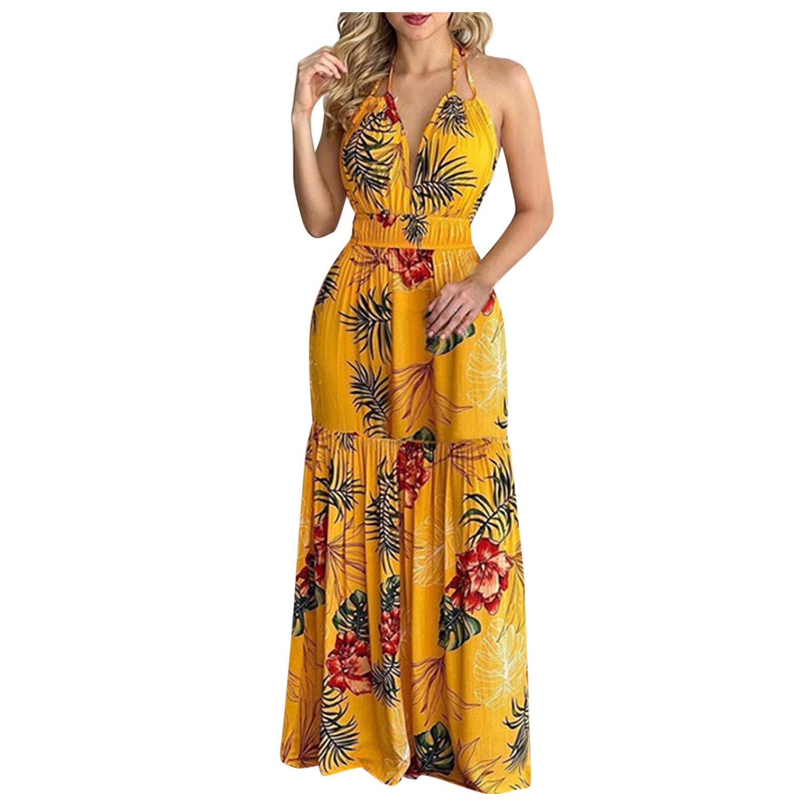 Sexy Backless Sleeveless Halter Maxi Dress for Women - Tropical Print Beach Dress, Summer Flowy Long Dress (Yellow, XXL) | Perfect for Beach Vacations, Pool Parties & Tropical Getaways
