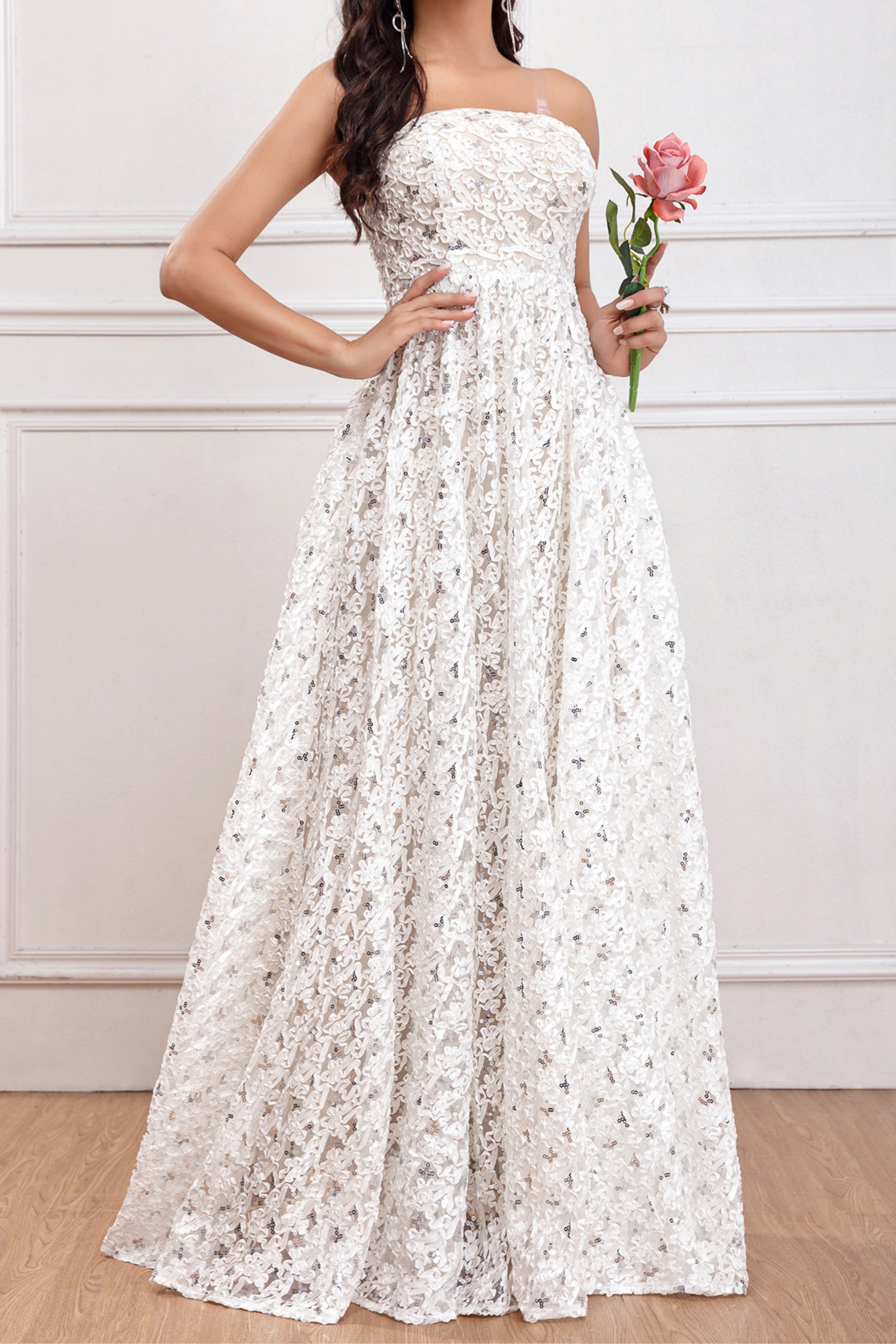 Elegant White Sequin A-Line Maxi Dress for Women - Perfect for Prom, Evening Parties & Special Occasions