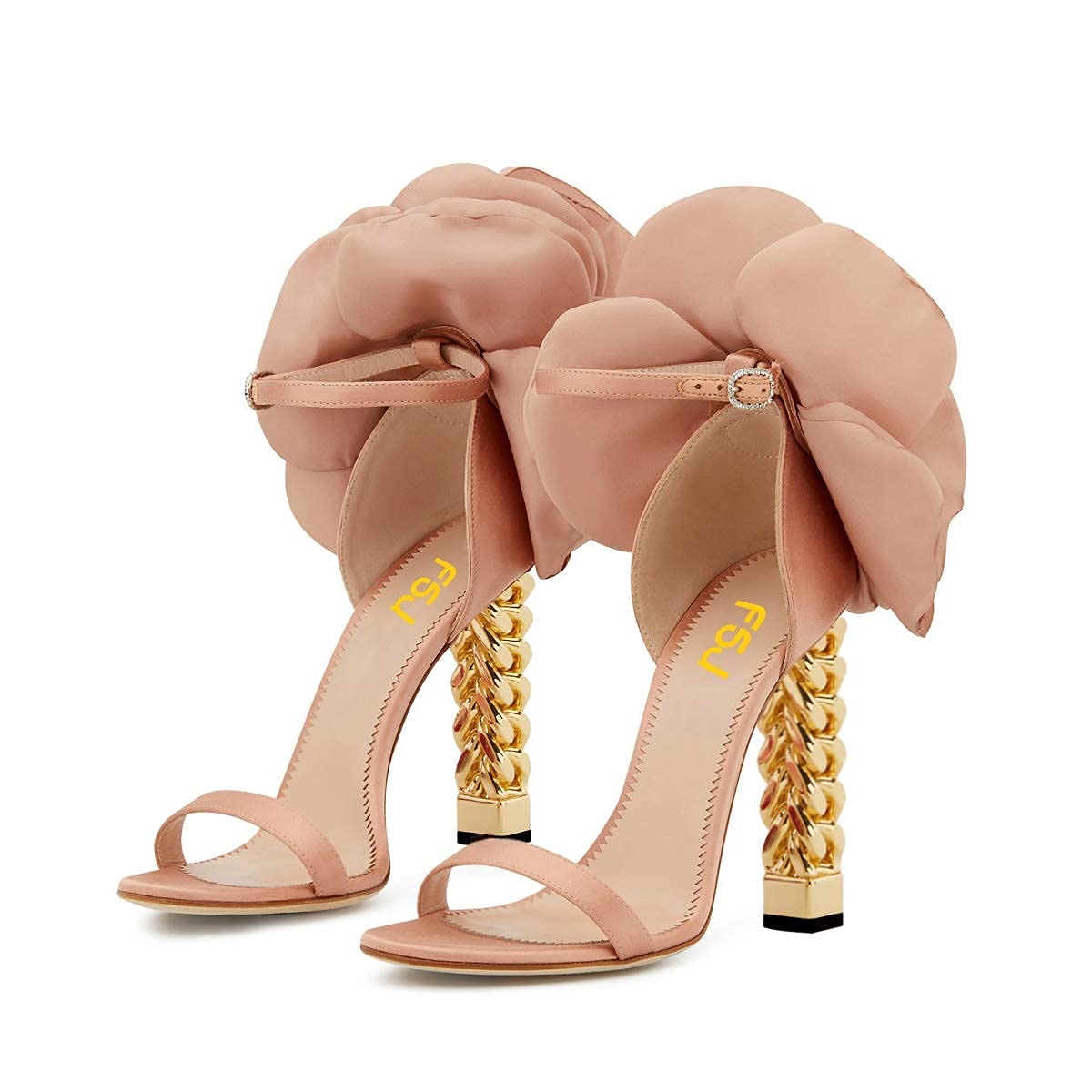 FSJ Women's Chunky Heel Ankle Strap Sandals - Gold Flower Metal Chain Open Toe Party Shoes for Women Size 4-15 US | Perfect for Weddings, Night Out & Special Occasions