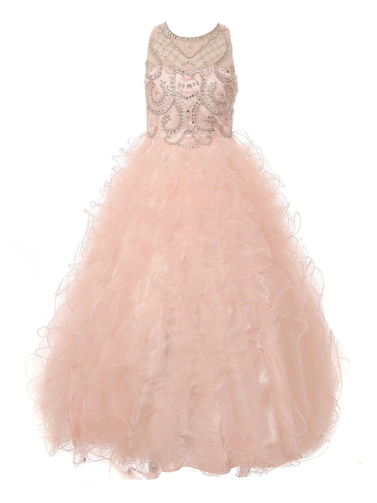 Elegant Big Girls Blush Ruffles Rhinestone Illusion Neck Pageant Dress - Sizes 8-16 | Perfect for Pageants, Proms & Special Occasions