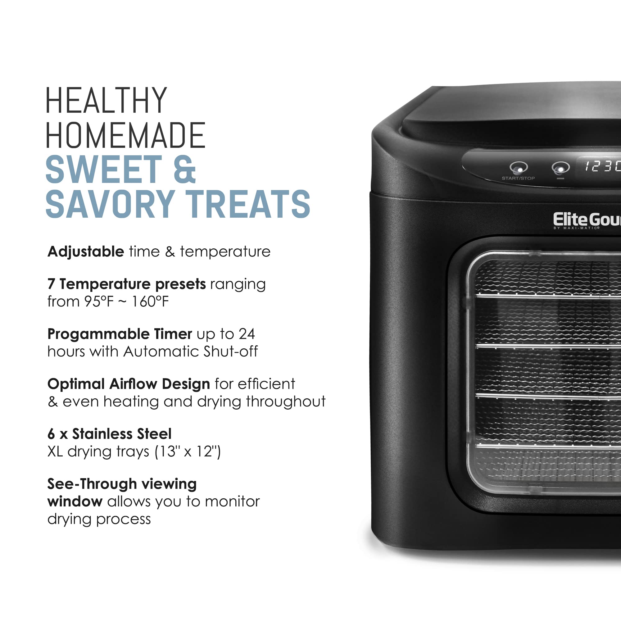 Elite Gourmet EFD-313B Digital Food Dehydrator Machine - 6 Stainless Steel Trays, Adjustable Temperature Control for Jerky, Herbs, Fruits & Vegetables | Perfect for Healthy Snacks, Camping & Meal Prep