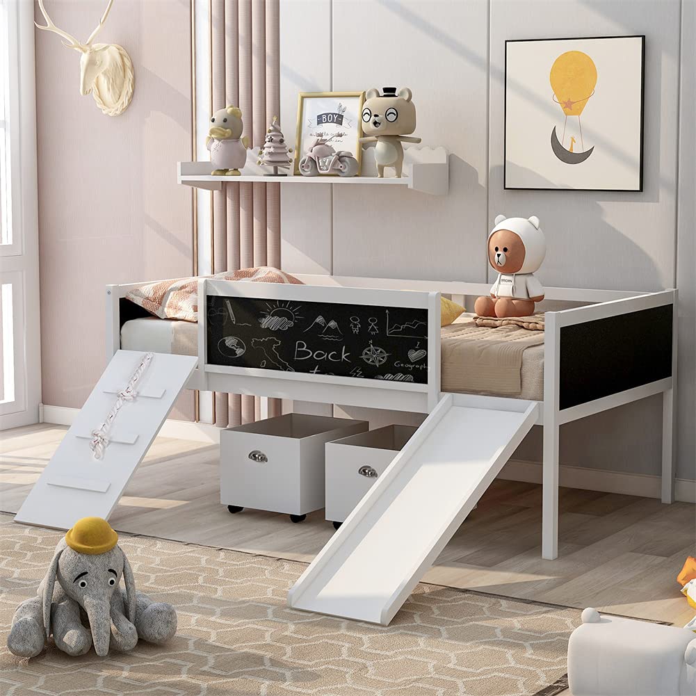 **White Twin Size Wood Loft Bed with 2 Storage Boxes & Chalkboard - Perfect for Kids & Teens Room - Space-Saving Study & Play Furniture**