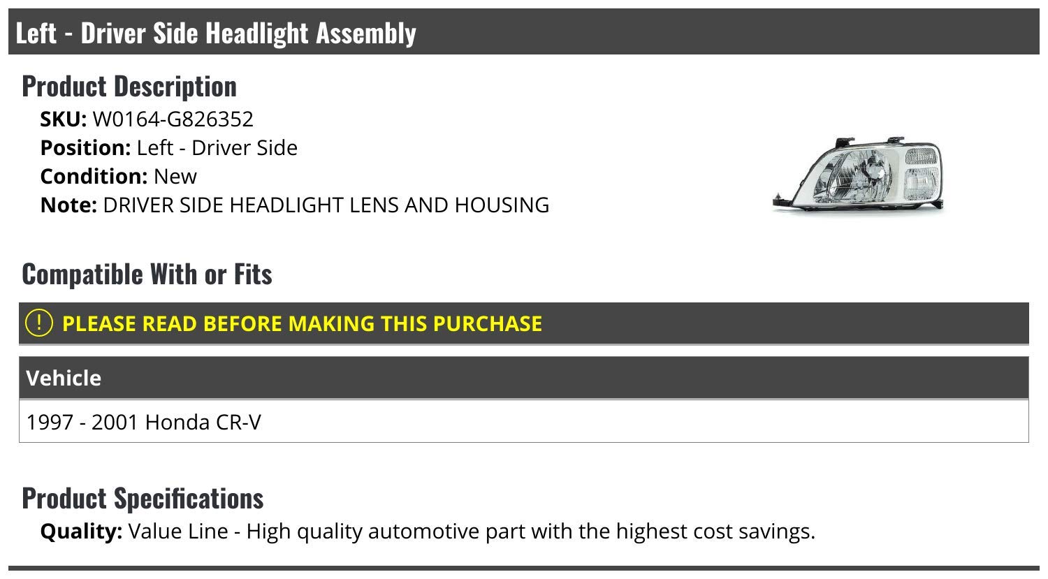 1997-2001 Honda CRV Left Driver Side Headlight Assembly Replacement - OEM Fit Headlamp for Improved Night Visibility - Perfect for Driving, Commuting & Road Trips