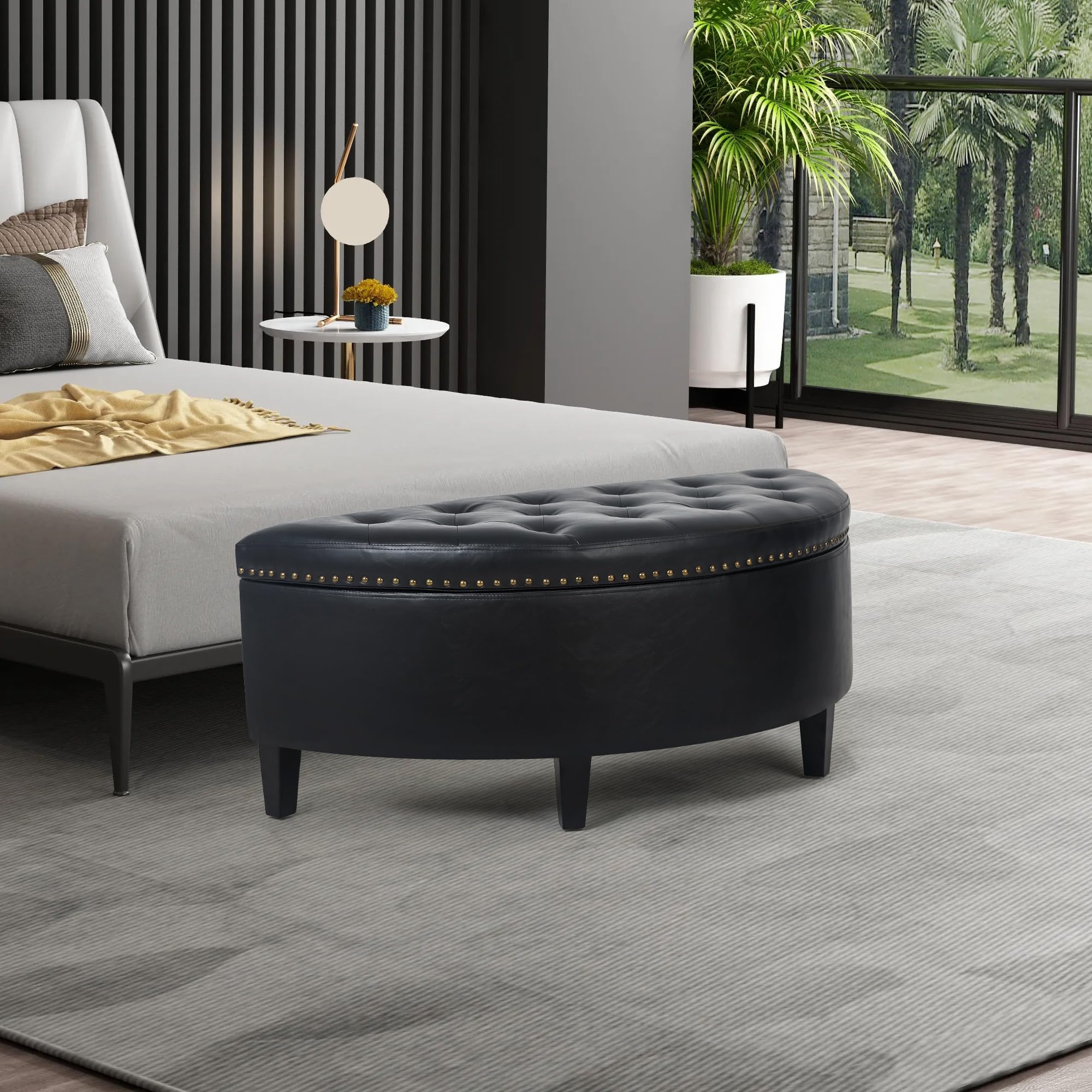 Joveco Storage Bench - PU Leather Half Moon Button Tufted Ottoman with Rivet Decor, Multi-Functional Coffee Table for Living Room, Bedroom & Entryway - Perfect for Extra Seating, Storage & Home Decor