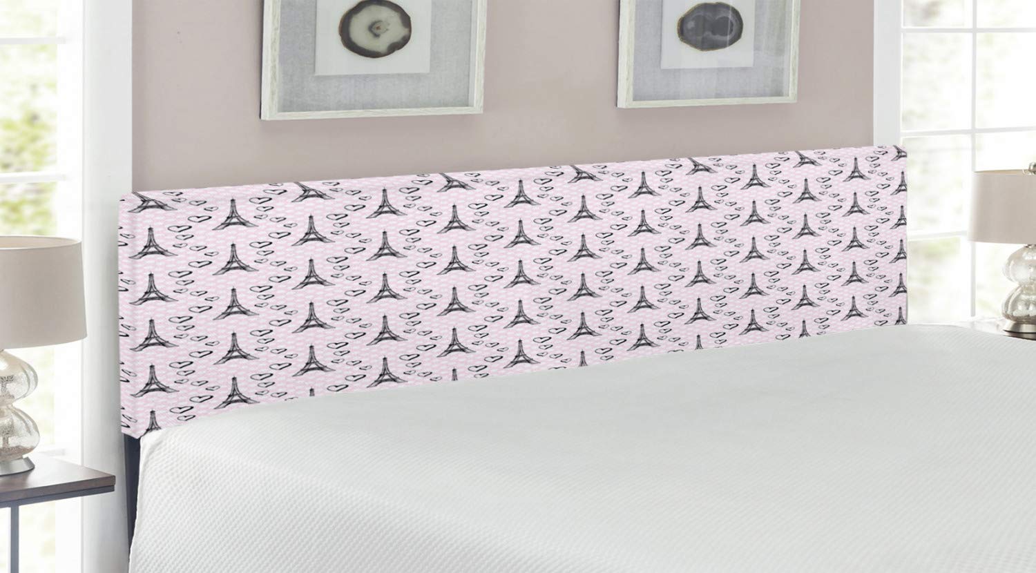 Ambesonne King Size Upholstered Metal Headboard with Memory Foam - Parisian Polka Dot Design Featuring Eiffel Tower & Hearts in Pale Pink, Black & White | Perfect for Romantic Bedroom Decor & Master Suite Makeover