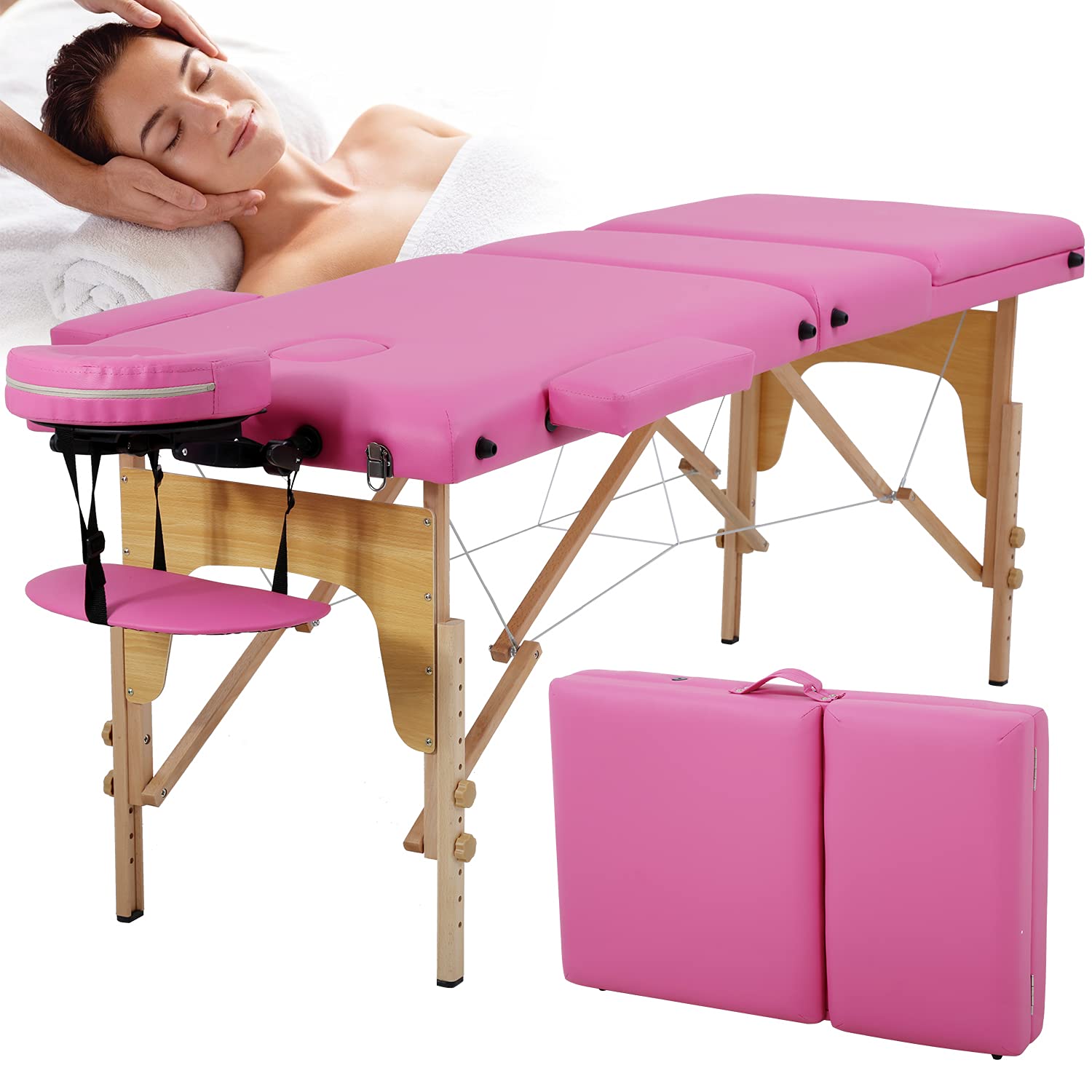 DKELI Foldable Portable Massage Table - 73 Inch Adjustable Height Spa Bed with Facial Cradle & Carry Case, 450LBS Weight Capacity (Pink) - Perfect for Professional Massage Therapy, Tattoo Salon, Home Spa & Mobile Services