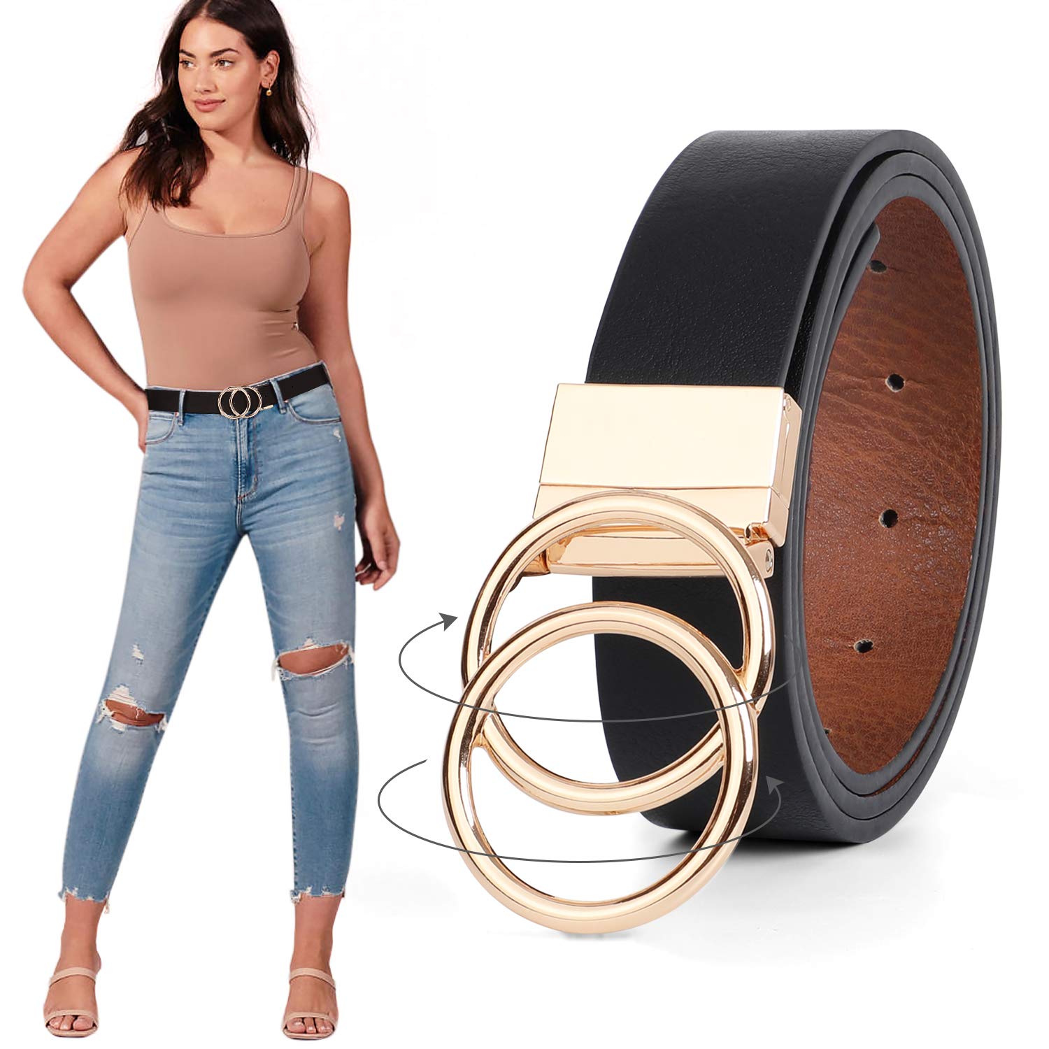 JASGOOD Women's Reversible Leather Belt with Gold Double O Ring Buckle - Stylish Waist Belt for Jeans, Dresses & Office Wear