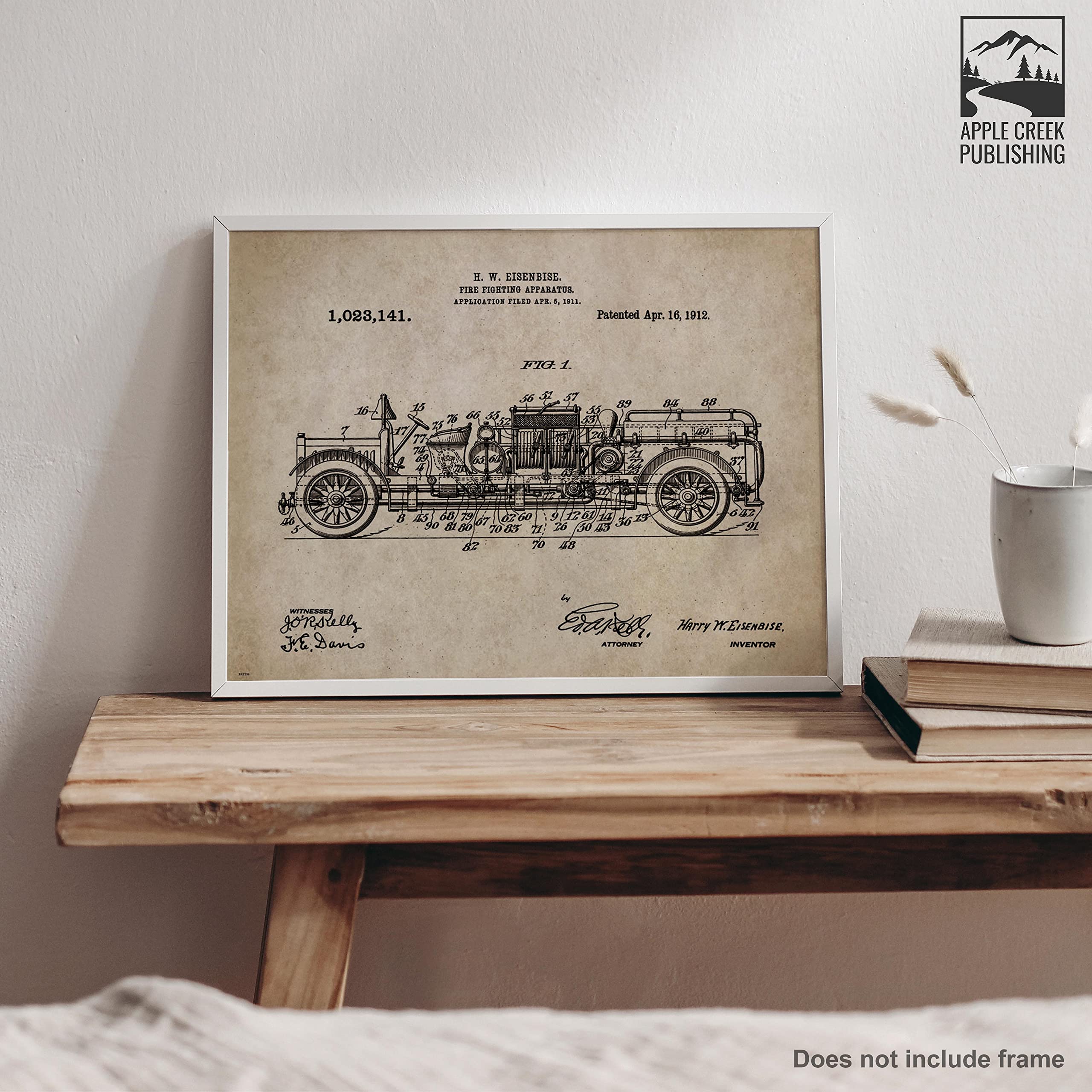 Firefighter Fire Truck Patent Poster - 11x14 Fireman Helmet & Gear Wall Art Print - Perfect for Fire Station, Home Office & Man Cave Decor