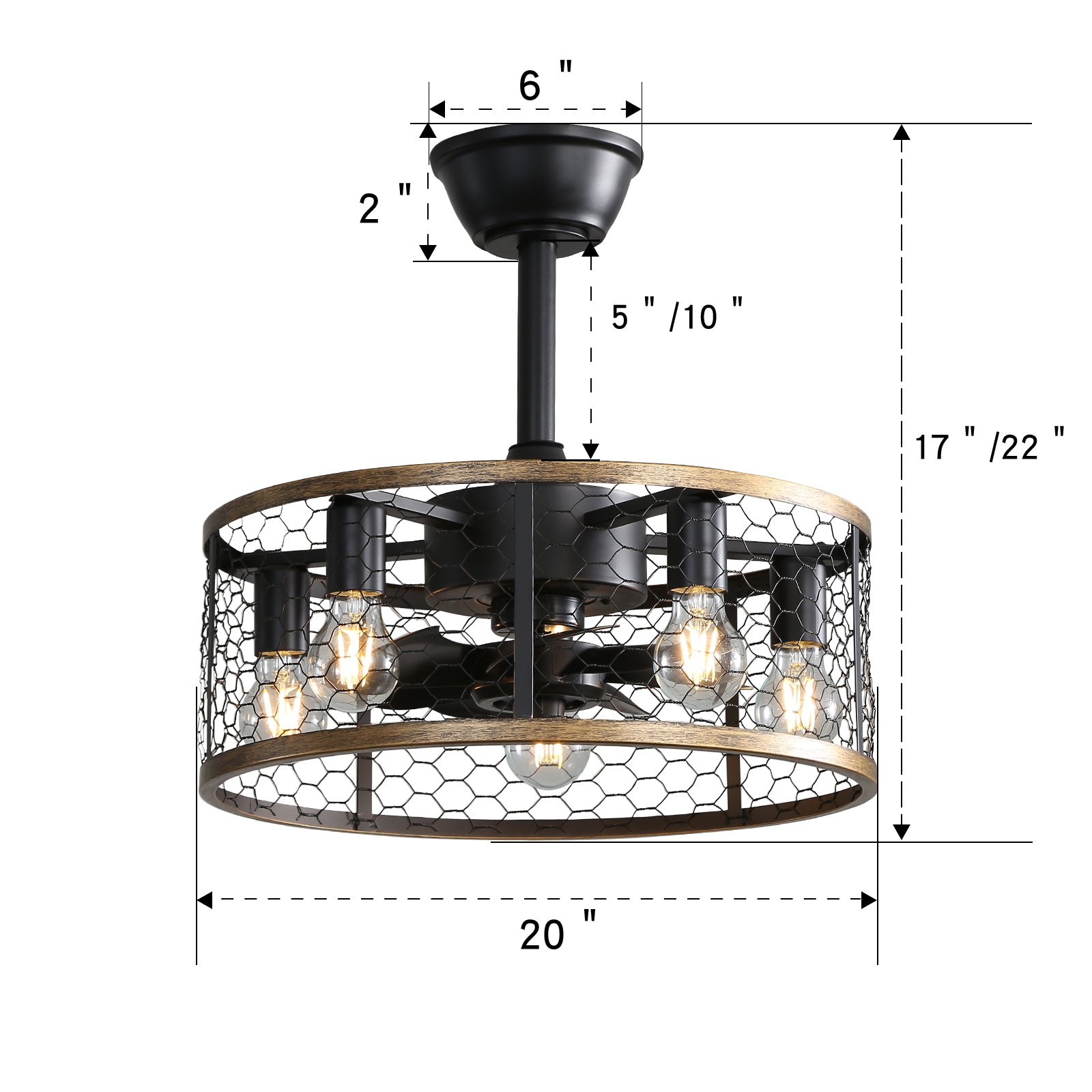 20 Inch Industrial Caged Ceiling Fan with 7 ABS Blades & Remote Control - Reversible DC Motor for Warehouse, Garage, and Workshop Cooling