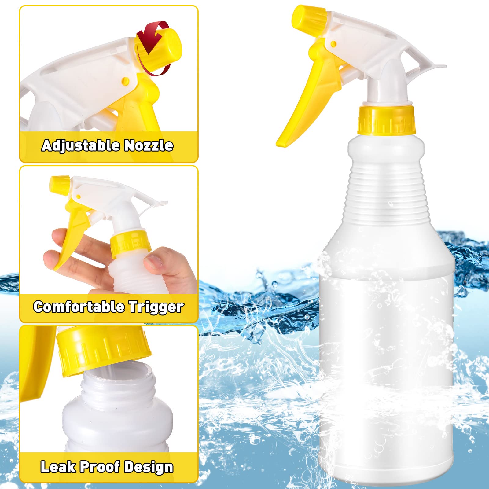Yaomiao 12-Pack 16 oz Empty Plastic Spray Bottles – Leakproof, Refillable with Adjustable Yellow Nozzle – Perfect for Hair Care, Home Cleaning & Industrial Use (Great for DIY, Gardening & Pet Grooming)