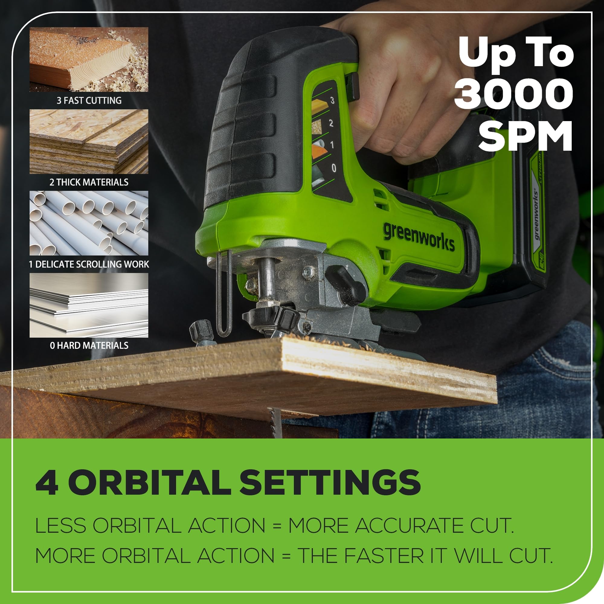 Greenworks 24V Brushless Jigsaw with 4Ah Battery - 3000 SPM, 45° Cutting Angle, 4 Orbital Motion Settings - Ideal for Woodworking, DIY Projects & Home Renovations