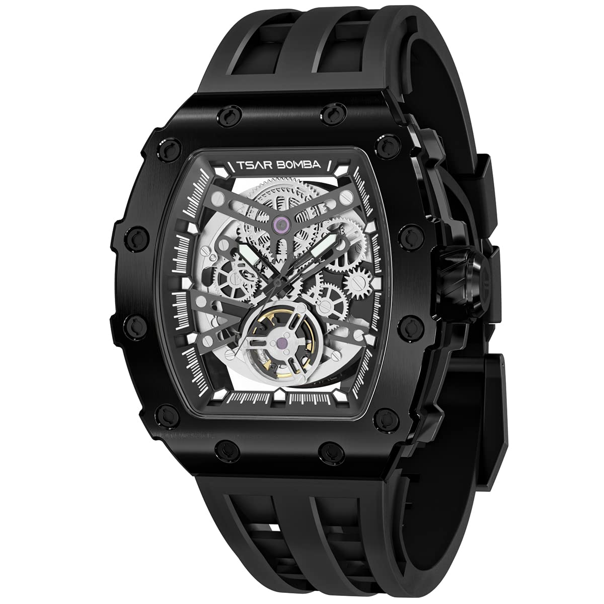 TSAR BOMBA Luxury Automatic Mechanical Watch for Men - Japanese Movement, Sapphire Crystal Glass, 50M Waterproof, Tonneau Square Design with Silicone Band & Luminous Hands - Elegant Dress Watch for Business, Formal Events & Special Gifts