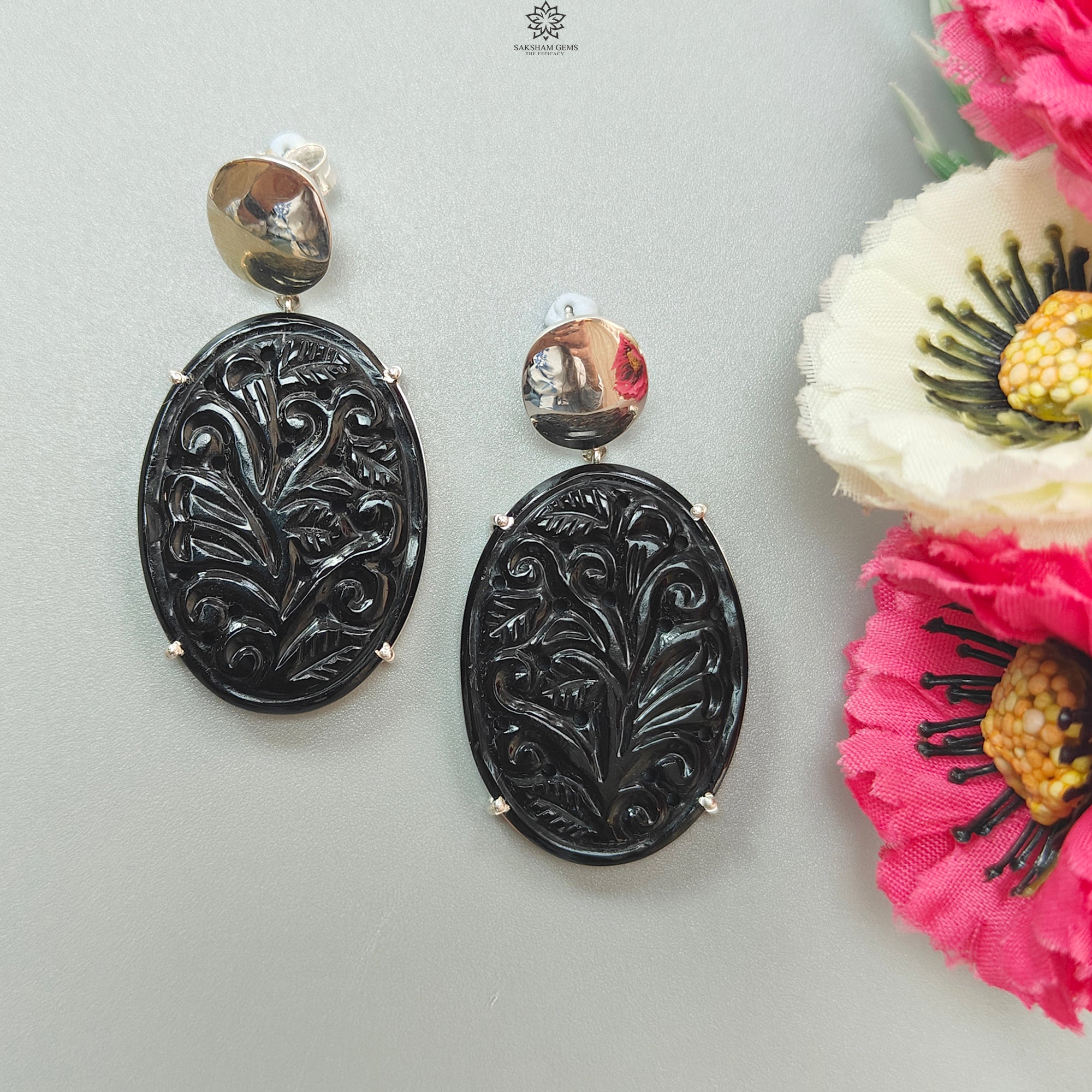 Natural Black Onyx Gemstone Oval Stud Earrings - 925 Sterling Silver Prong Set with Push Back (16.36g) | Hand Carved Luxury Jewelry for Women, Perfect for Weddings, Parties & Everyday Wear
