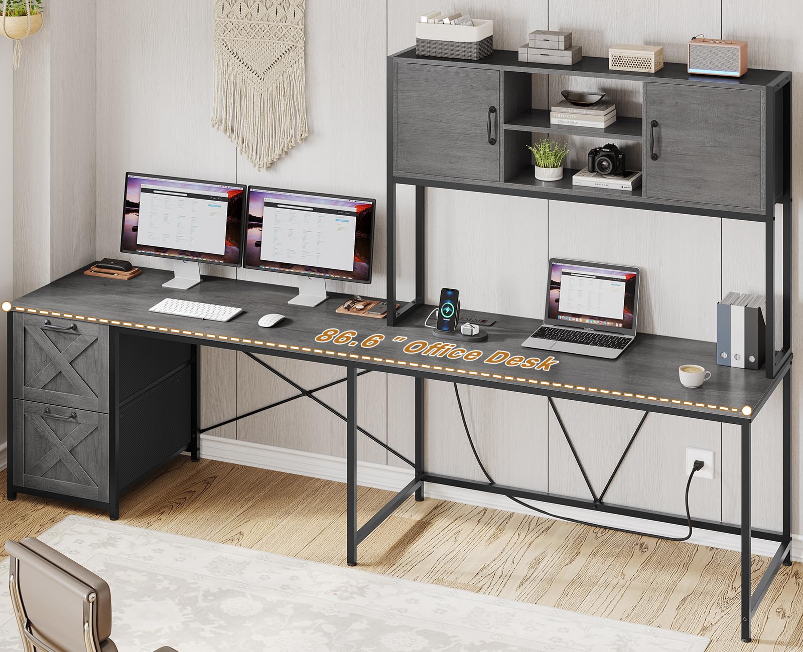SEDETA L-Shaped Gaming Desk with LED Lights, Reversible Computer Desk with Fabric Drawers & Power Outlet, Home Office Desk with Hutch & Storage Shelf (Grey) - Perfect for Gamers, Streamers & Remote Workers