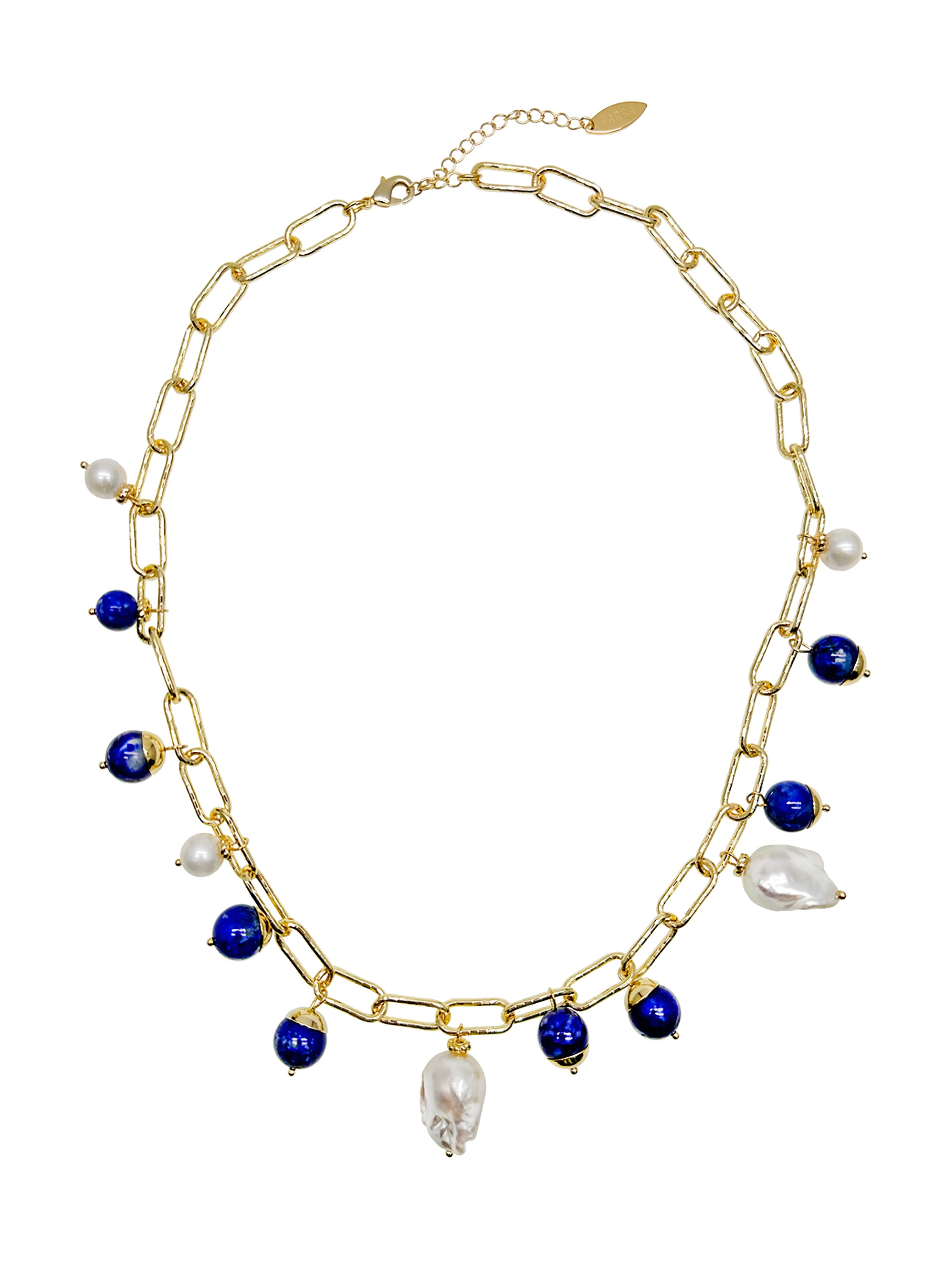 Elegant Gold Chain Necklace with Baroque Pearls & Lapis Lazuli Charms - Perfect for Weddings, Parties & Special Occasions