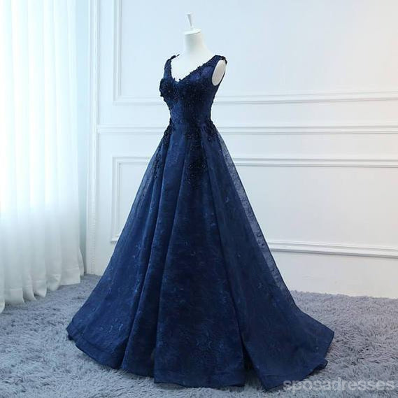 Navy Blue V-Neck Corset A-Line Lace Prom Dress for Evening Gala - Custom Long Formal Gown for Weddings, Homecoming & Special Occasions