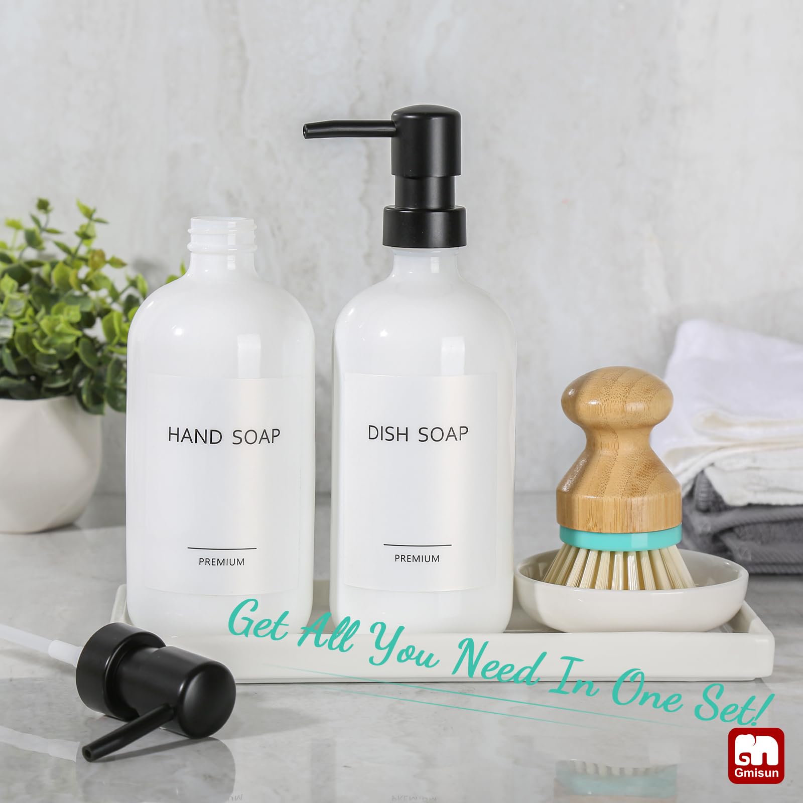 GMISUN 2-Pack 17 fl oz Glass Soap Dispenser Set with Ceramic Tray & Bamboo Dish Brush - Refillable Hand and Dish Soap Bottle for Kitchen Sink, Modern Farmhouse Style - Perfect for Dishwashing, Countertop Organization, and Farmhouse Decor