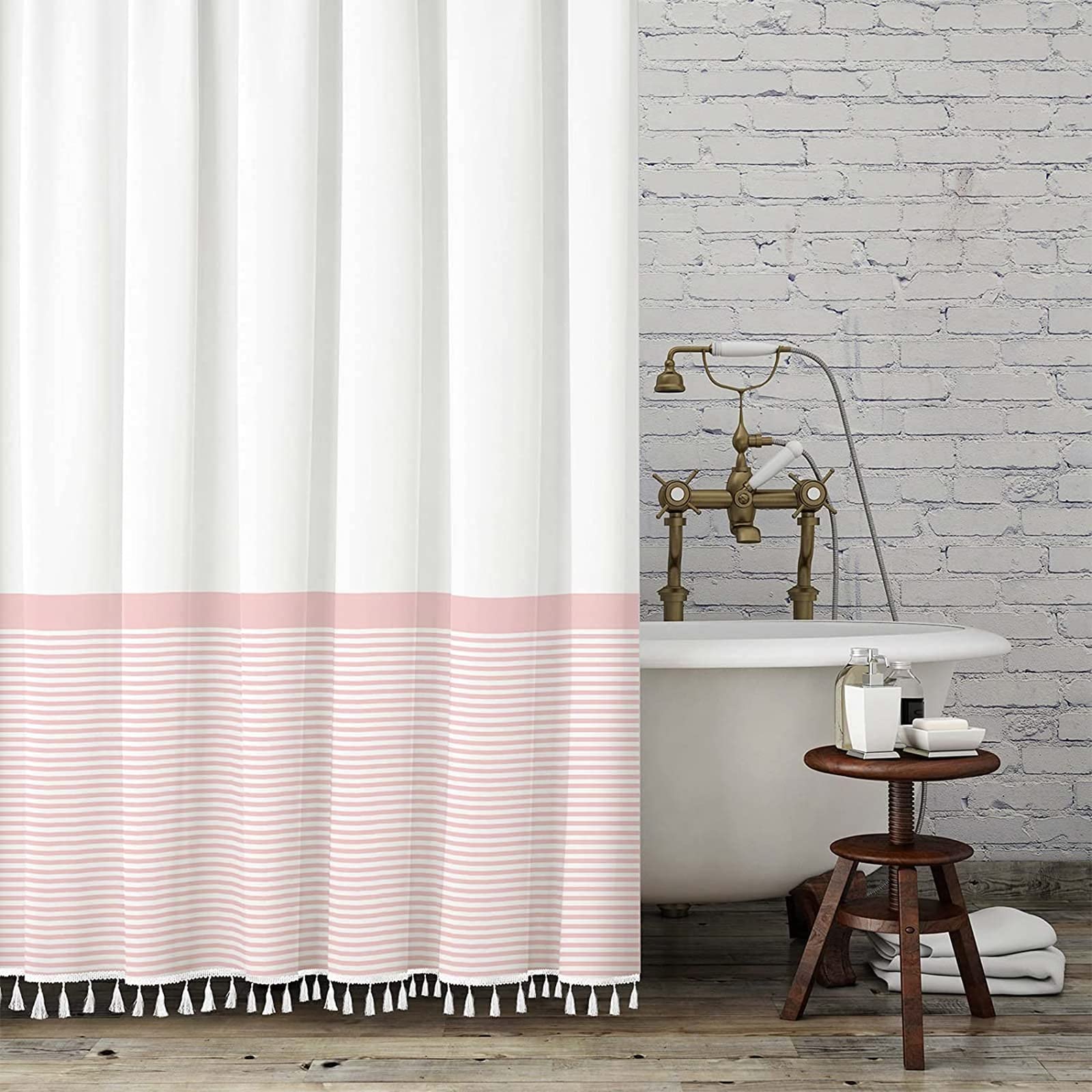 Seasonwood Pink and White Striped Waterproof Shower Curtain with Tassel Trim - 72x84 Inch Long Fabric Bathroom Curtain for Shower Decor - Perfect for Boho, Farmhouse or Modern Bathroom Styles