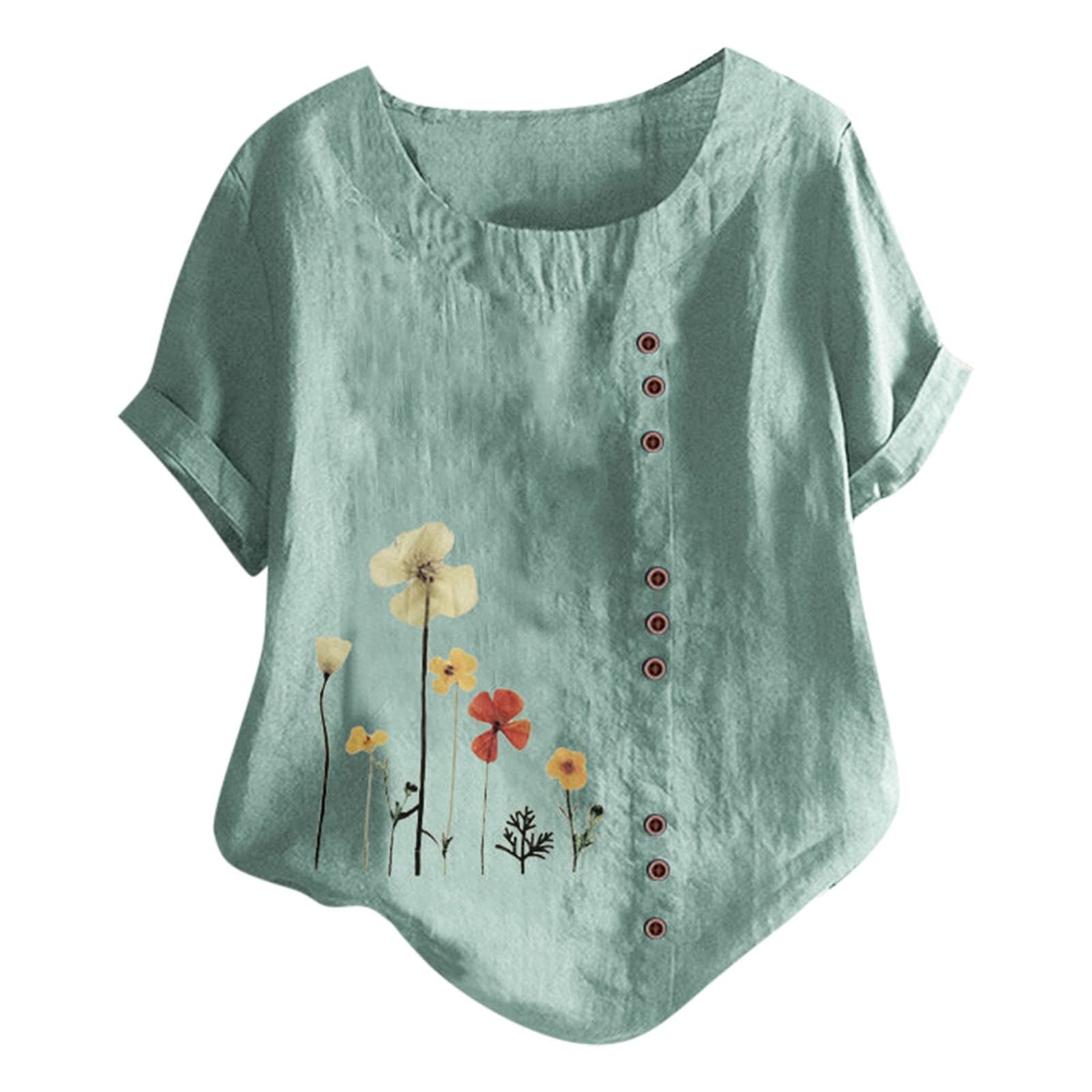 Women's Floral Print Cotton Linen Henley Shirt - Plus Size Loose Fit Crew Neck Blouse for Casual Wear, Summer Outfits & Boho Fashion