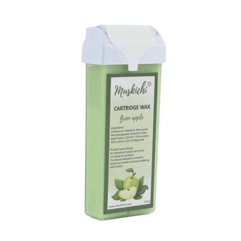 MUSKICHI Green Apple Roll-On Wax Cartridge – 100ml (Pack of 1) | Painless Hair Removal Wax for Men & Women | All Skin Types | Refillable Body Waxing Kit for Legs, Arms, Bikini & Face | Easy At-Home Waxing Solution