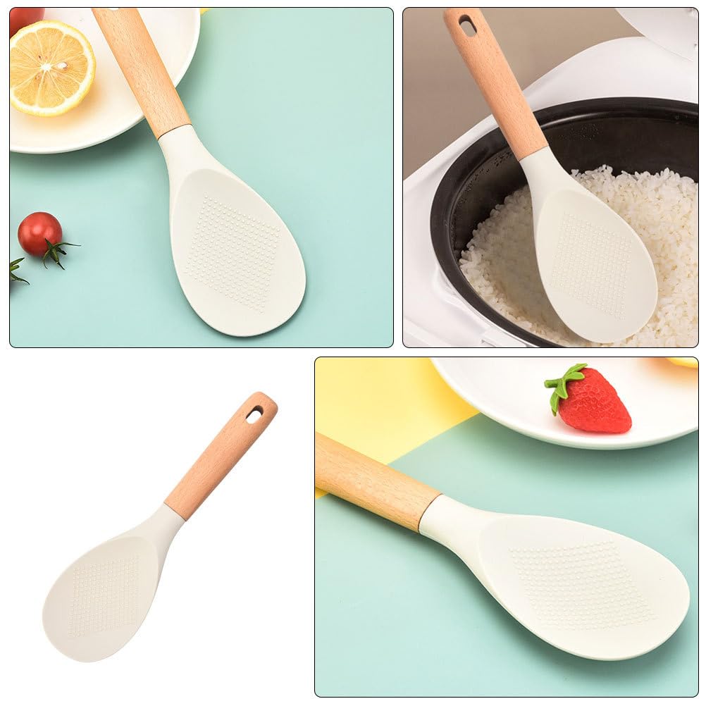 Kichvoe Wooden Handle Silicone Rice Spoon - Non-Stick Rice Paddle & Scooper for Cooking, Serving - Perfect for Rice Bowls, Sushi, Stir Fry & Meal Prep