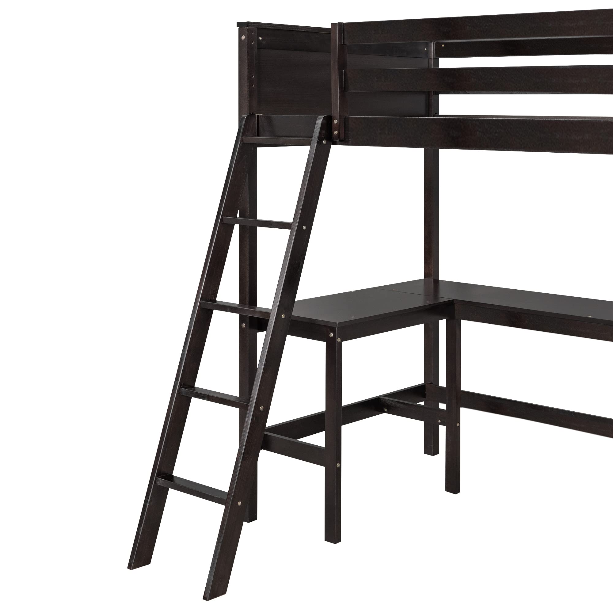 P PURLOVE Twin Loft Bed Frame with Shelves & Desk - Wooden Loft Bed for Teens with Angled Ladder - Space-Saving Study & Sleep Solution for Small Rooms (Espresso) - Perfect for Kids, Teens & College Dorm Rooms